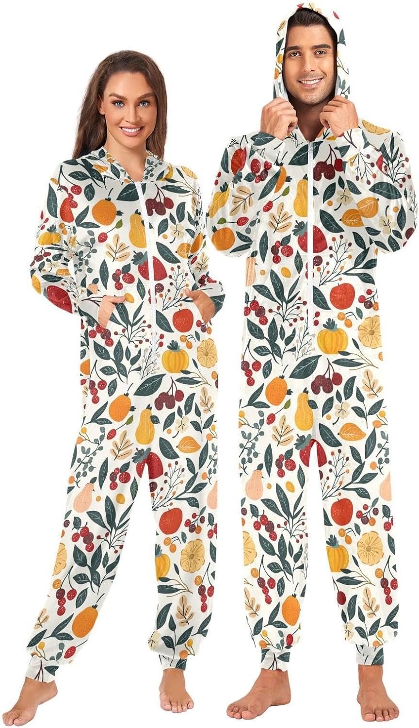 ZZKKO Countryside Fruit Leaves Adult Onesie Pajamas for Women Men Cozy One Piece Pajamas Costume Zip-Up Hooded S-XL
