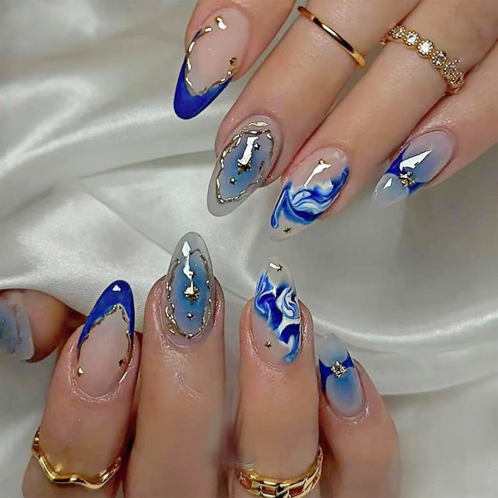 Sea Galaxy Press-On Nails with Marble & Gold Design, Blue Almond Tip, 24PCS Medium-Length Glossy False Nails Set