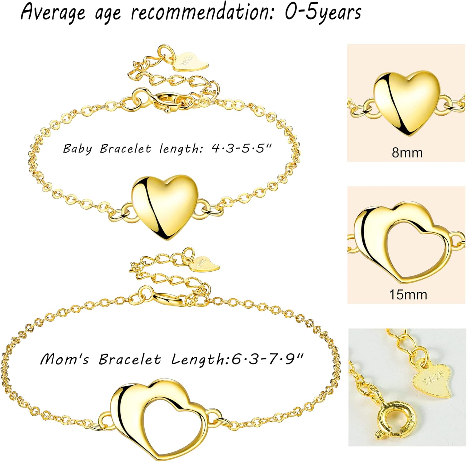 Mother and Baby Heart Bracelet 925 Sterling Silver, New Mom Gifts for Women After Birth, New born Infant Jewelry Gift