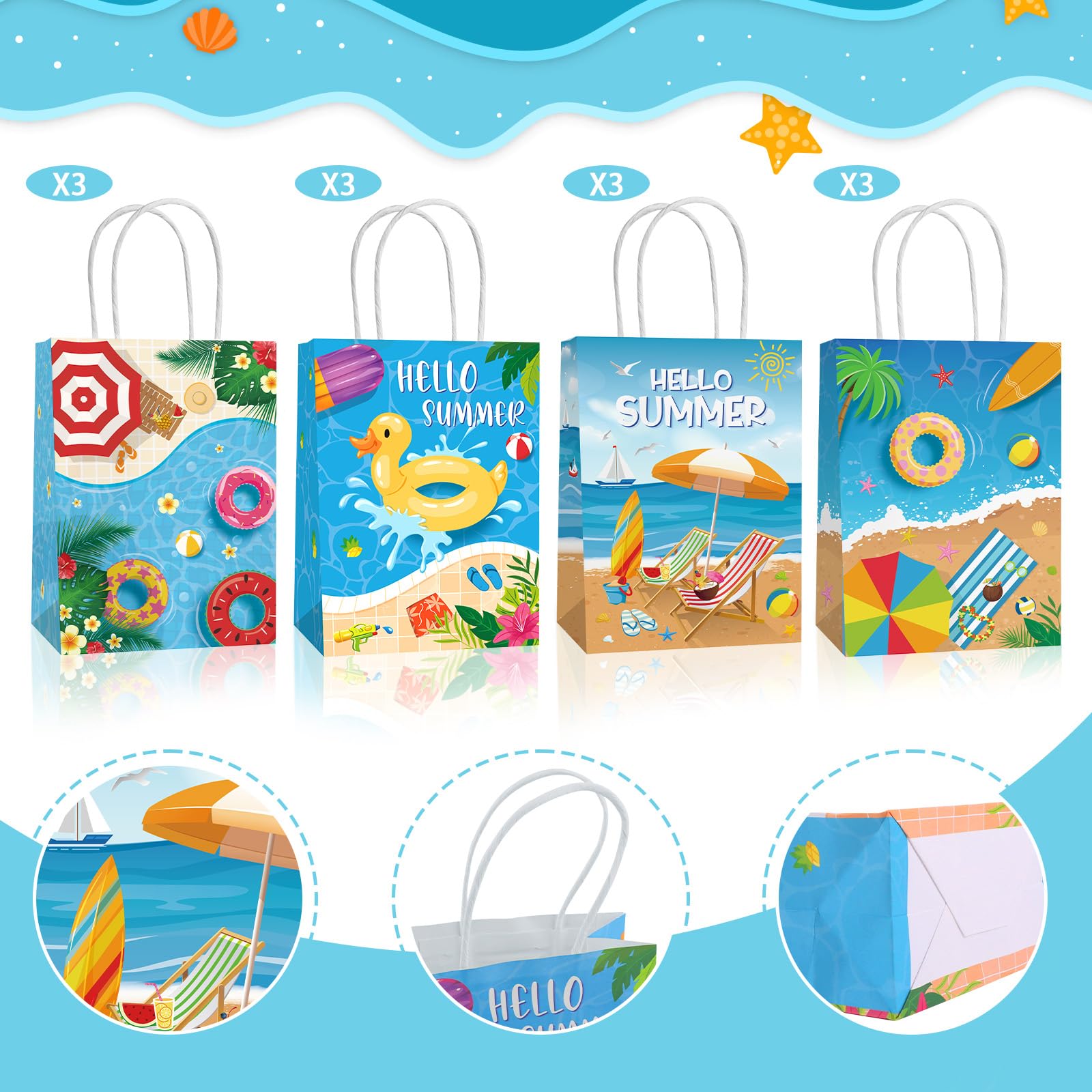 Lemicin 12 Pcs Summer Goodie Bags Pool Party Favor Bags Treat Candy Snack Bag Paper Beach Gift Bags with Handles for Hawaiian Luau Birthday Baby Shower Hello Summer Pool Holiday Party Supplies