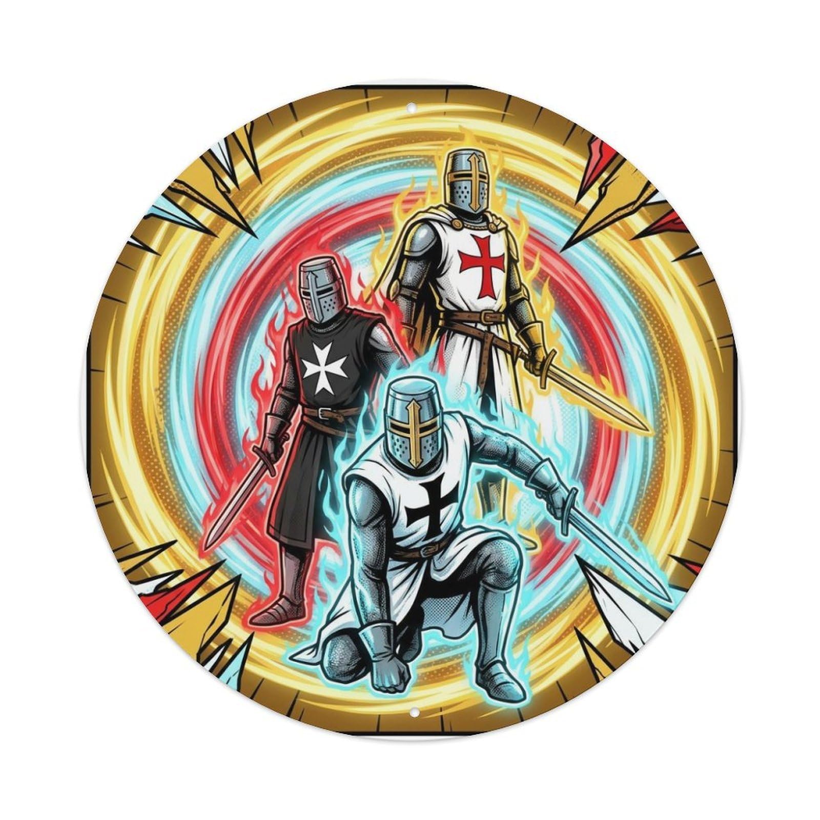 Battle Anime Medieval Templar Hospitaller Teutonic Knight Order Metal Tin Sign Plaque Wall Decor for Cafe, Man Cave, Club Bar, Office, Home Garden Round Metal Poster 8x8Inch