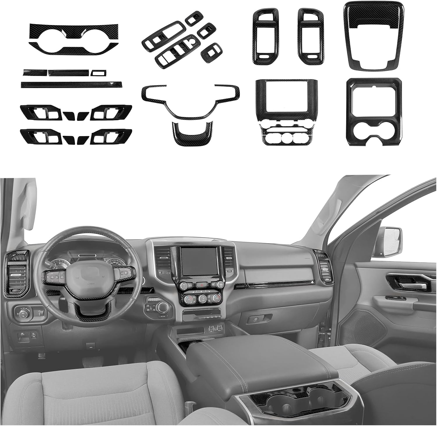 JeCar 27PCS Carbon Fiber Interior Trim Kit for 2018-2023 Dodge RAM 1500 Interior Accessories