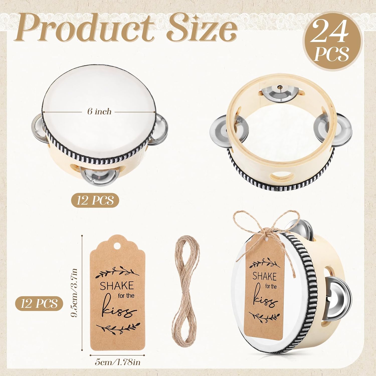 Boao 12 Sets 6 Inch Wedding Tambourines for Adults Wooden Hand Held Drum Metal Jingles with Tags Rope Percussion Musical Instrument for Church Wedding Party Favor