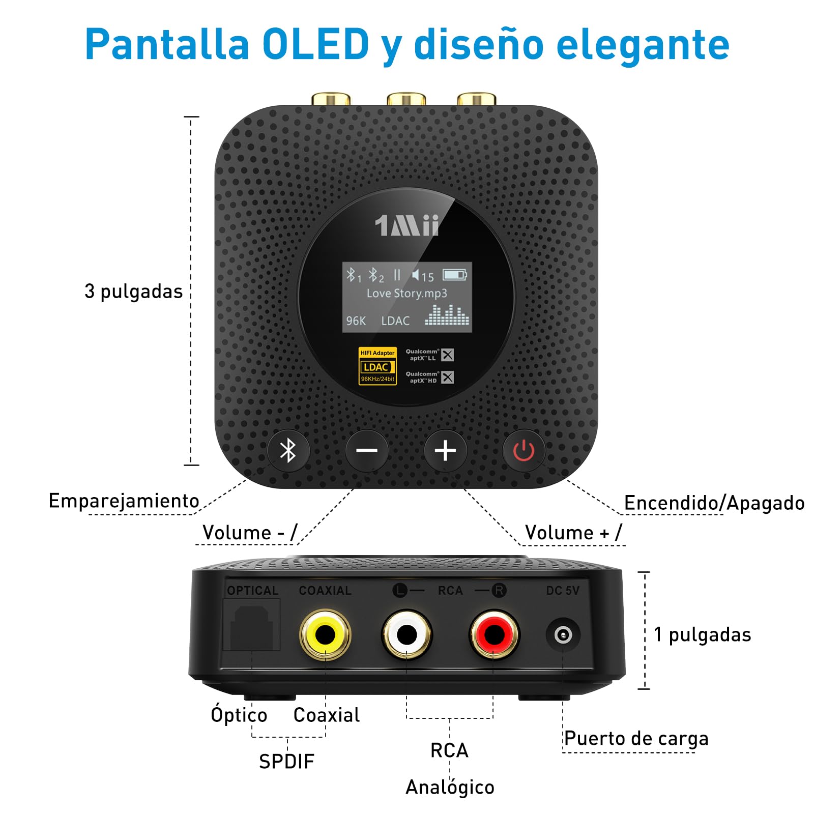 1Mii B06HD+ Receptor de Música Bluetooth 5.3 de Alta Resolución para Estéreo Doméstico con LDAC, HiFi Bluetooth Adaptador de Audio con Audiófilo DAC, Control de Volumen, aptX HD, Pantalla OLED