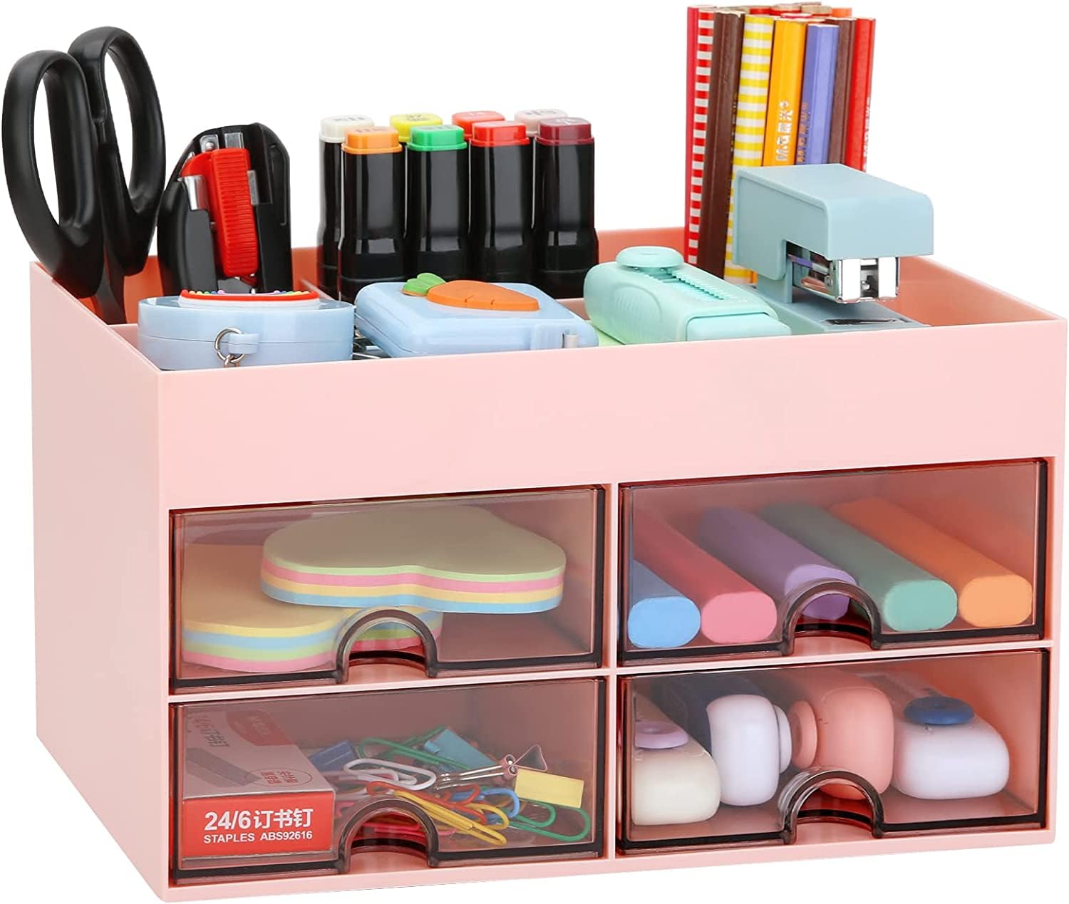 Fohome Desk Organizer with Drawer, Office Desktop Organizer Stationary Organizer Desktop Pen Pencil Card Holder Storage Box, Office Supplies Desk Accessories for Office, Home, School (Pink)