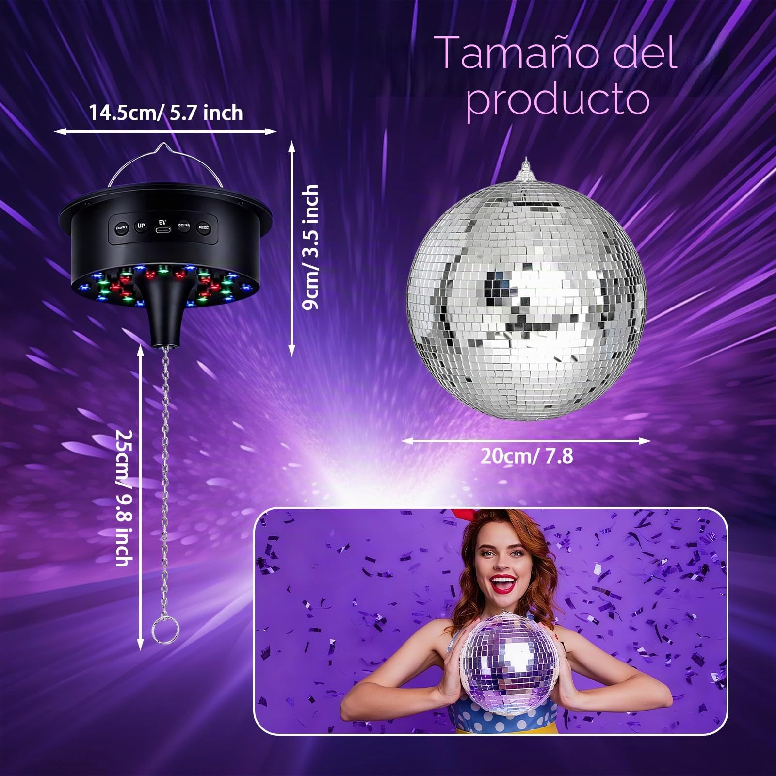 Bola de discoteca con motor y luz (10 U/min) – Bola de discoteca plateada de 20 cm, 6 modos de color y 30 perlas LED, para discoteca, fiesta y efectos de luz (Especificación europea)
