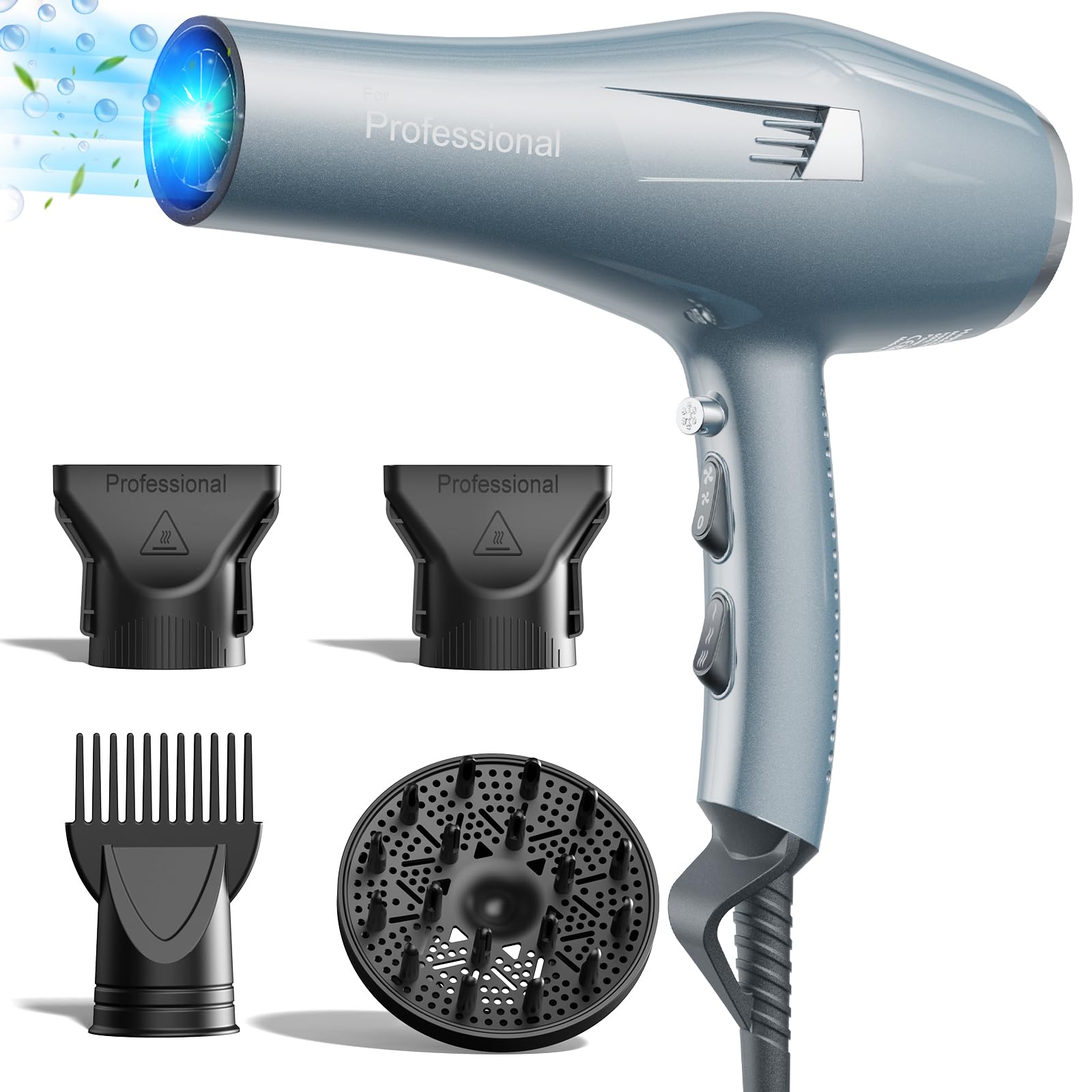 Profi Föhn Ionen Fön Haartrockner Hair Dryer Haarföhn mit 1 Diffusor 2 Stylingdüse, 3 Heiz und 2 Geschwindigkeitsstufen, 1.9 Meter langes Netzkabel, Starker Fön für Familie (blau) (blau)