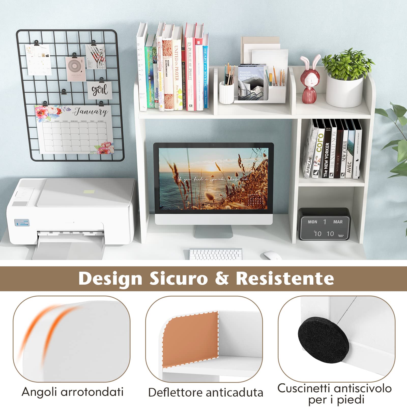COSTWAY Scaffale da Scrivania in Legno, Libreria da Tavolo Salvaspazio con 4 Ripiani e Scomparto Aperto, Scaffale Espositivo per Computer, Casa Ufficio, 94x25x74 cm (Bianco)