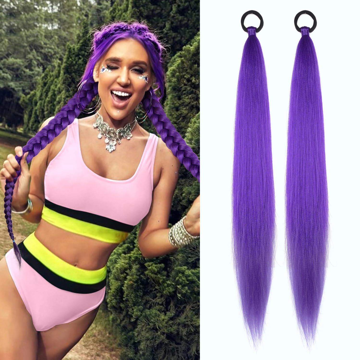 2 Pack Purple Ponytail Extension with Elastic Tie Straight Sleek Wrap Around Braid Ponytail 26 Inch (Purple#)