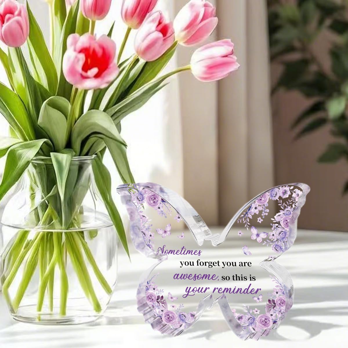 Purple Gifts for Women,Purple Floral Butterfly Acrylic Plaque,‘You Are Awesome’ Inspirational Gift,Encouragement Motivational Congratulations Gifts for Women Friend Coworker,Butterfly Shaped Keepsake