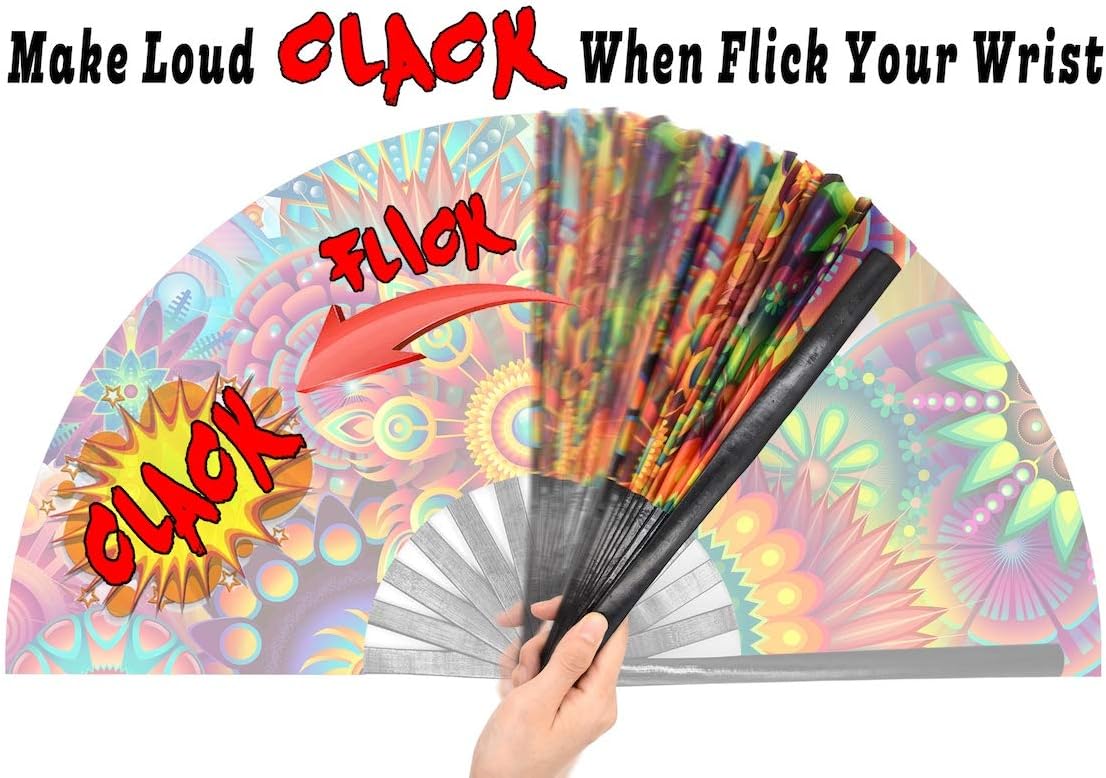 OMyTea Large Bamboo Rave Festival Folding Hand Fan for Men/Women - Chinese Japanese Handheld Fan with Fabric Case - for Electronic Dance Music Party, Performance, Decorations, Gift (Fantasy Flowers)