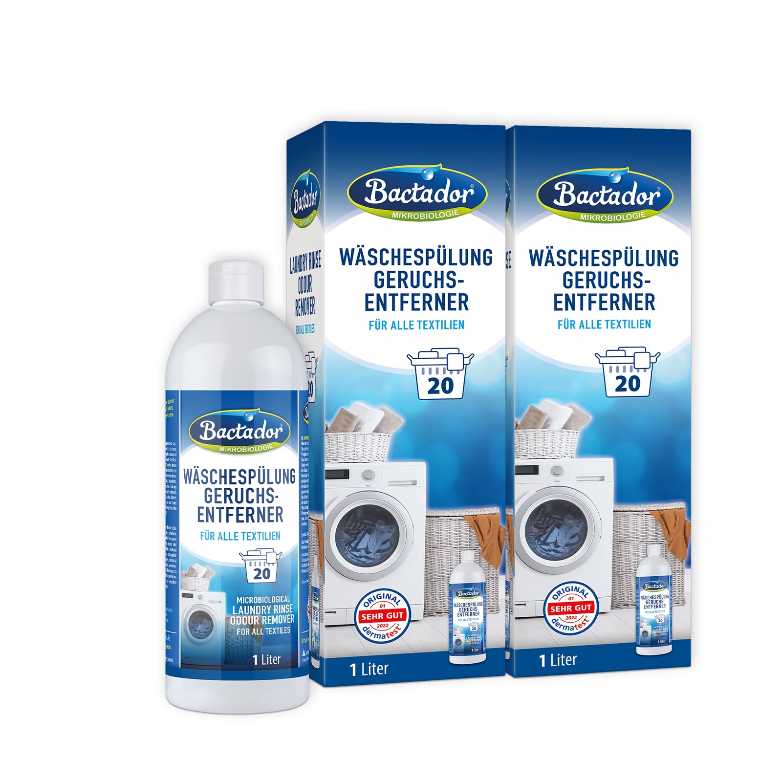 Bactador Hygienespüler Wäsche 2 x 1L- Wäschespülung Geruchsentferner - Mikrobiologischer Enzymreiniger & Geruchsentferner Wäsche - Hygiene Waschmittel für alle Textilien - Geruchsneutralisierer