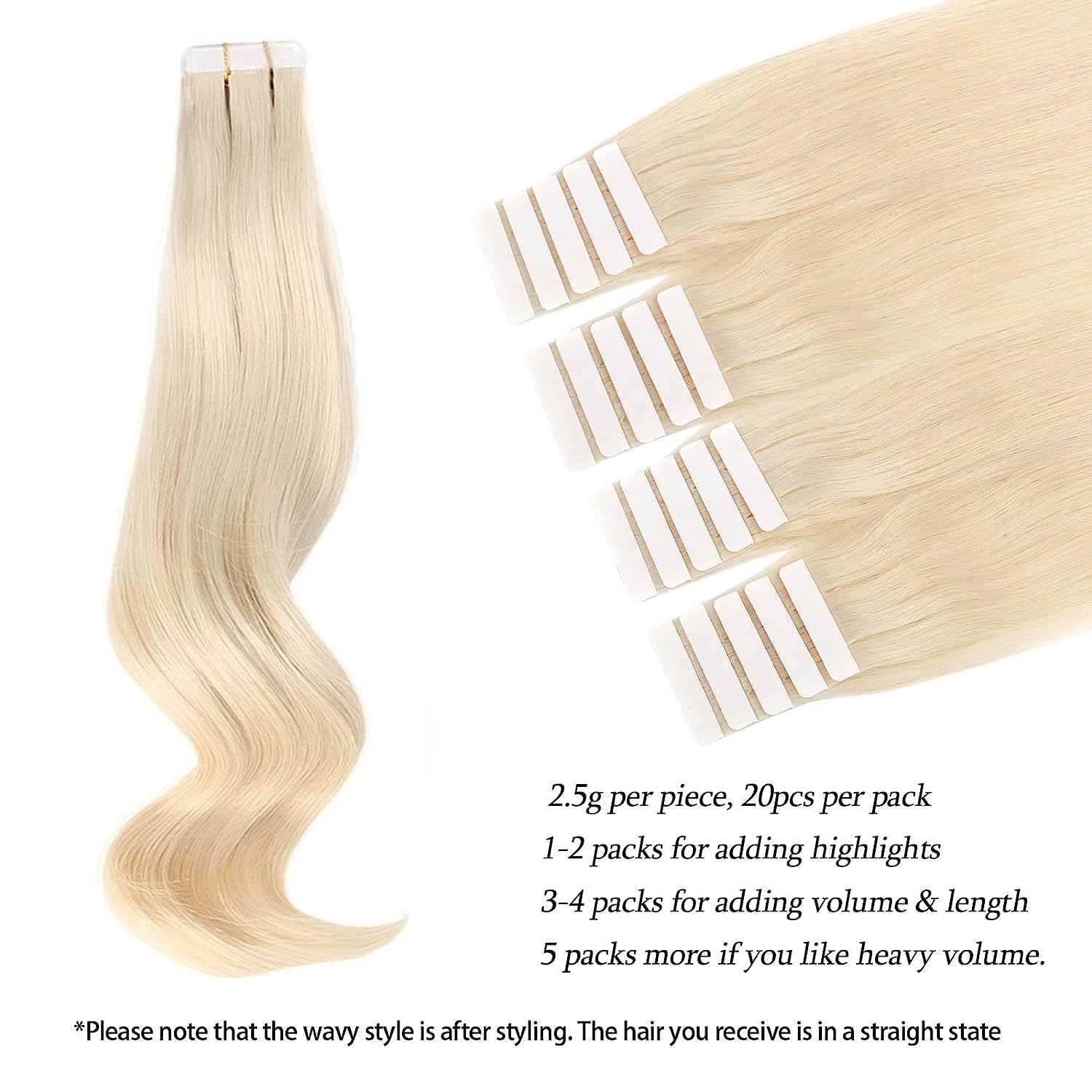 ABH AmazingBeauty Hair Tape in Hair Extensions Remy Human Hair 50g 20pcs Skin Weft Invisible Seamless Reusable Platinum Ash Blonde 60 Human Hair 16 Inch - Image 2