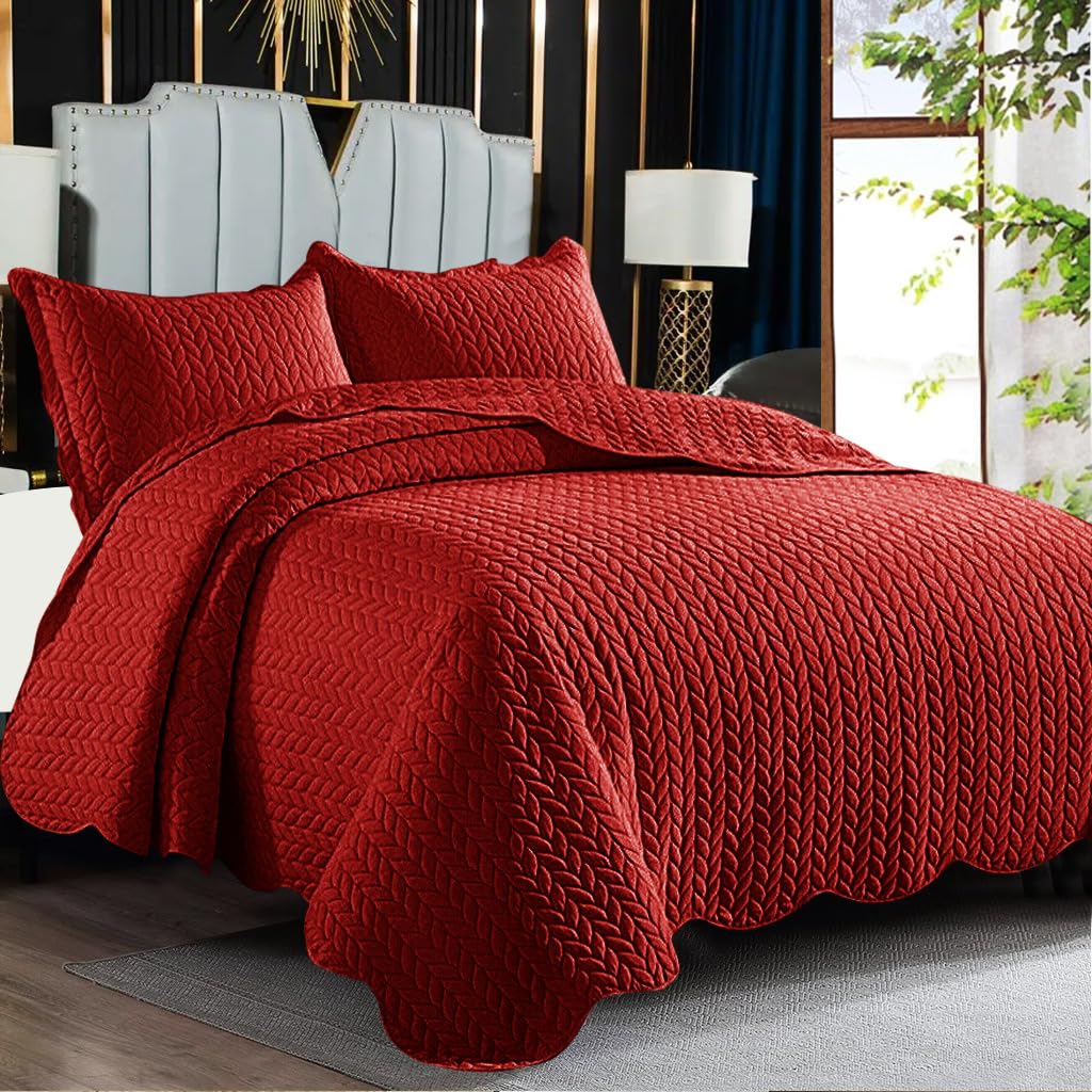 PHP Bedspreads Double Size Quilted Bed Throws - Embossed Matt Finish Reversible Quilt Bedspread Bed Covers + 2 Pillow Shams - Quilted Bedspread (Red, Double)