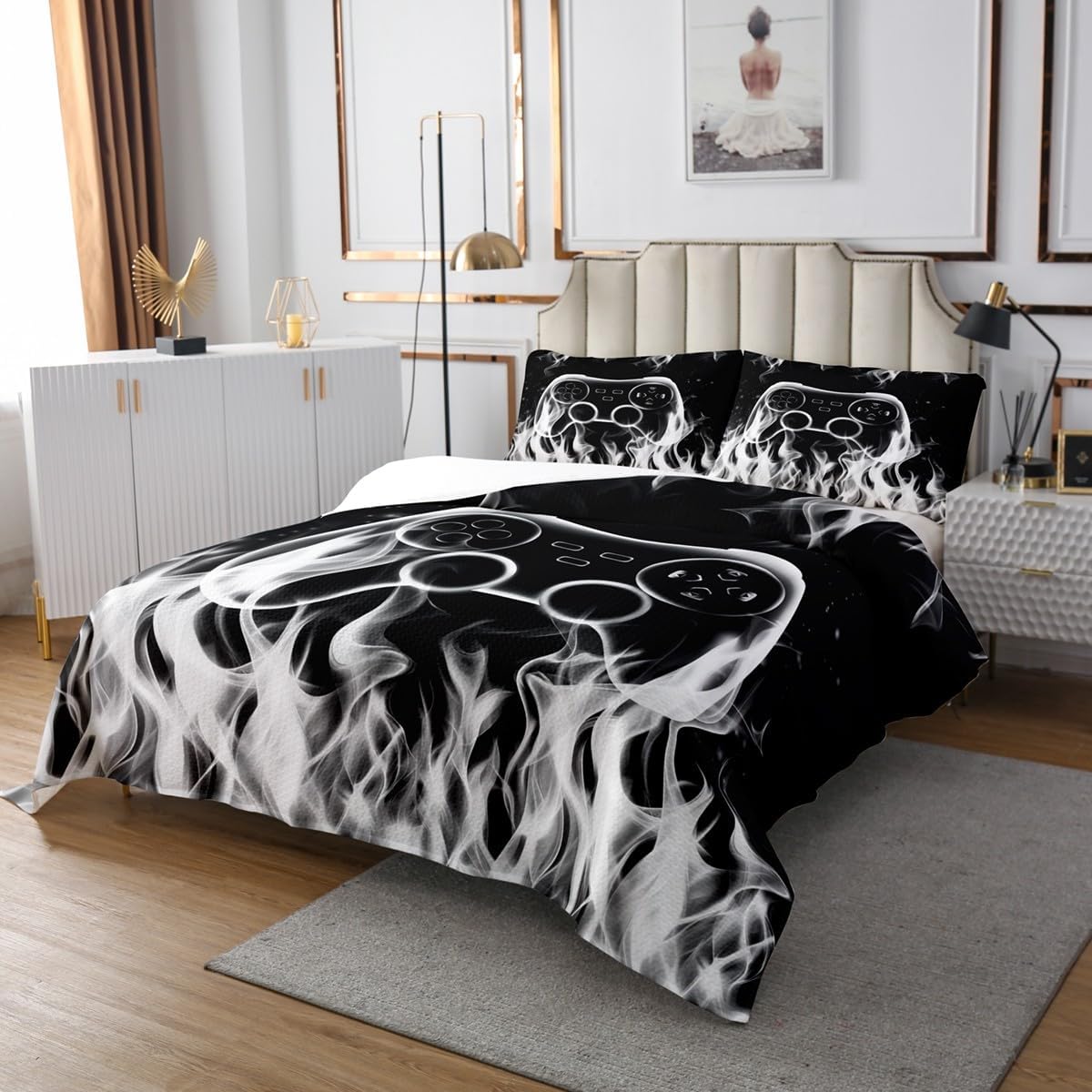 Castle Fairy Gaming Flame Bedspread Twin Size,Video Games Bedding Sets 2Pcs for Kids Girls Boys Room Decor,Cool Burning Flames Comforter Set Modern Black Quilt Coverlet,1 Pillowcase
