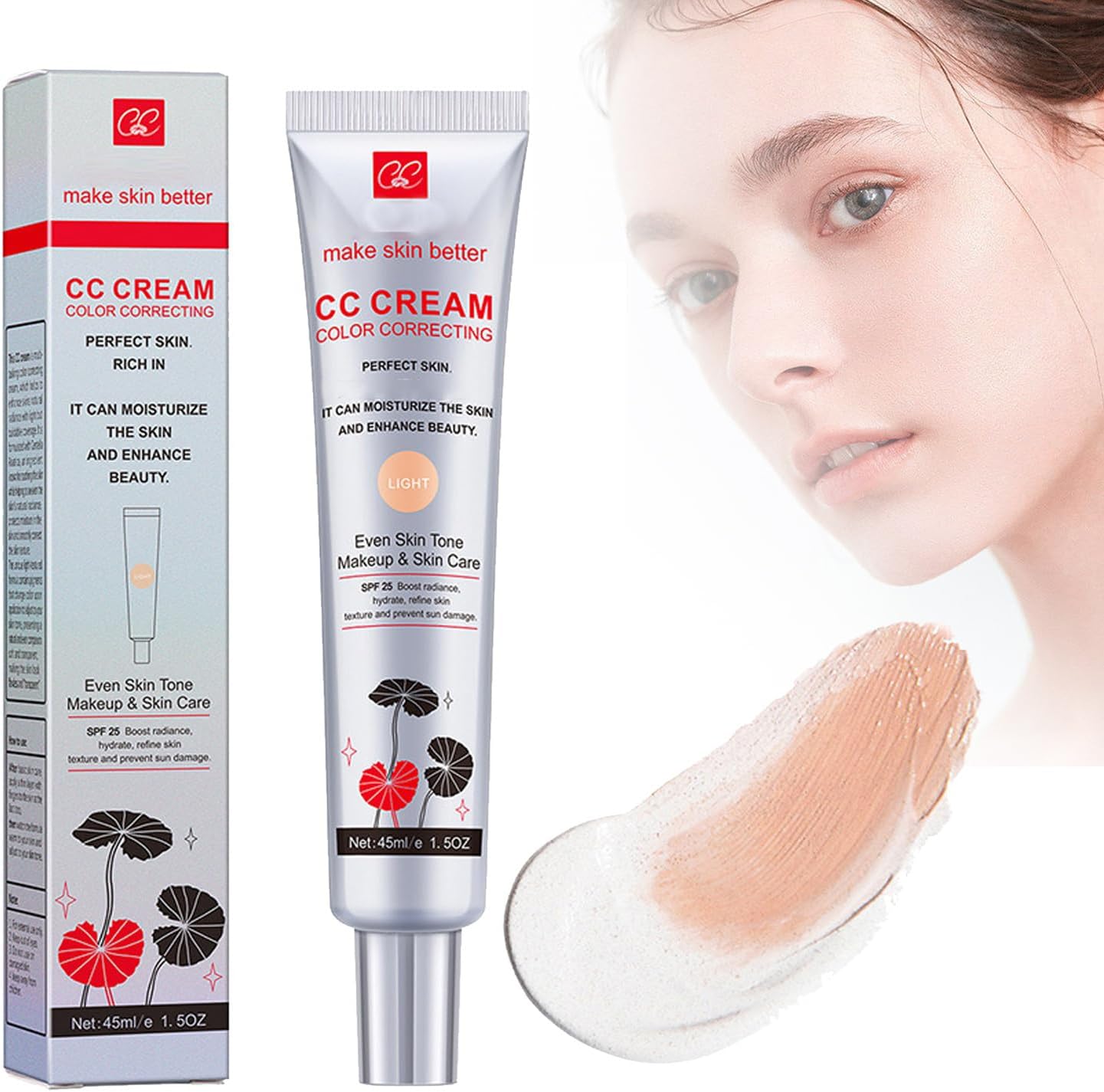 CC Cream Fluid Foundation to camouflage skin imperfections SPF 25+, versatile CC Cream Concealer to adjust skin tone, full coverage (Light)