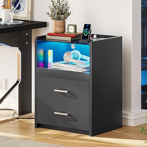 Miniatura 8 de VIAGDO Nightstand with LED Lights and Charging Station, 2 Drawers LED Night Stand with Tempered Glass Tabletop, Modern End Side Tables with Pull-Out