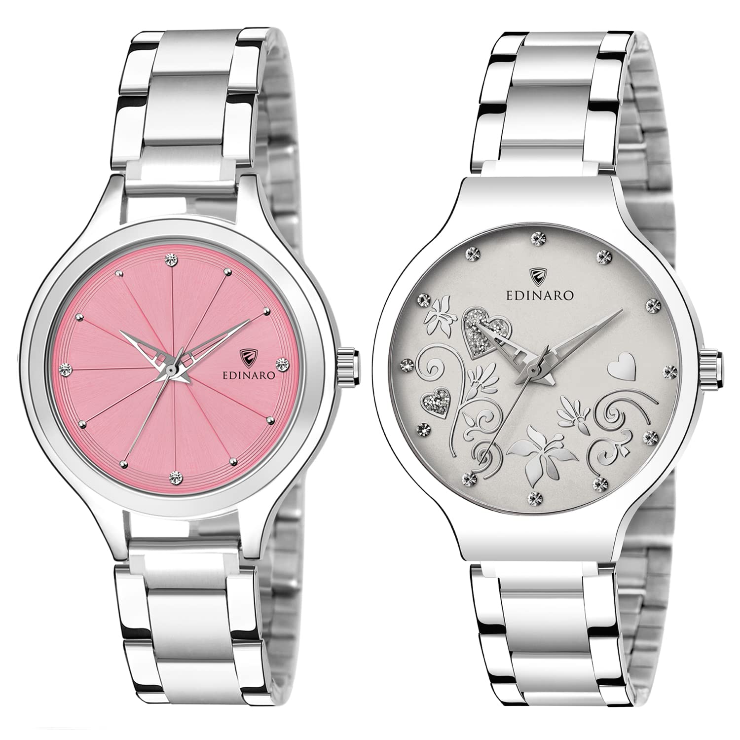 EDINARO Analogue Round Studed Dial with Silver Bracelet Strap Girls & Womens Wrist Watch (Pack of 2) (B09P1HZVLY) Amazon Price History, Amazon Price Tracker