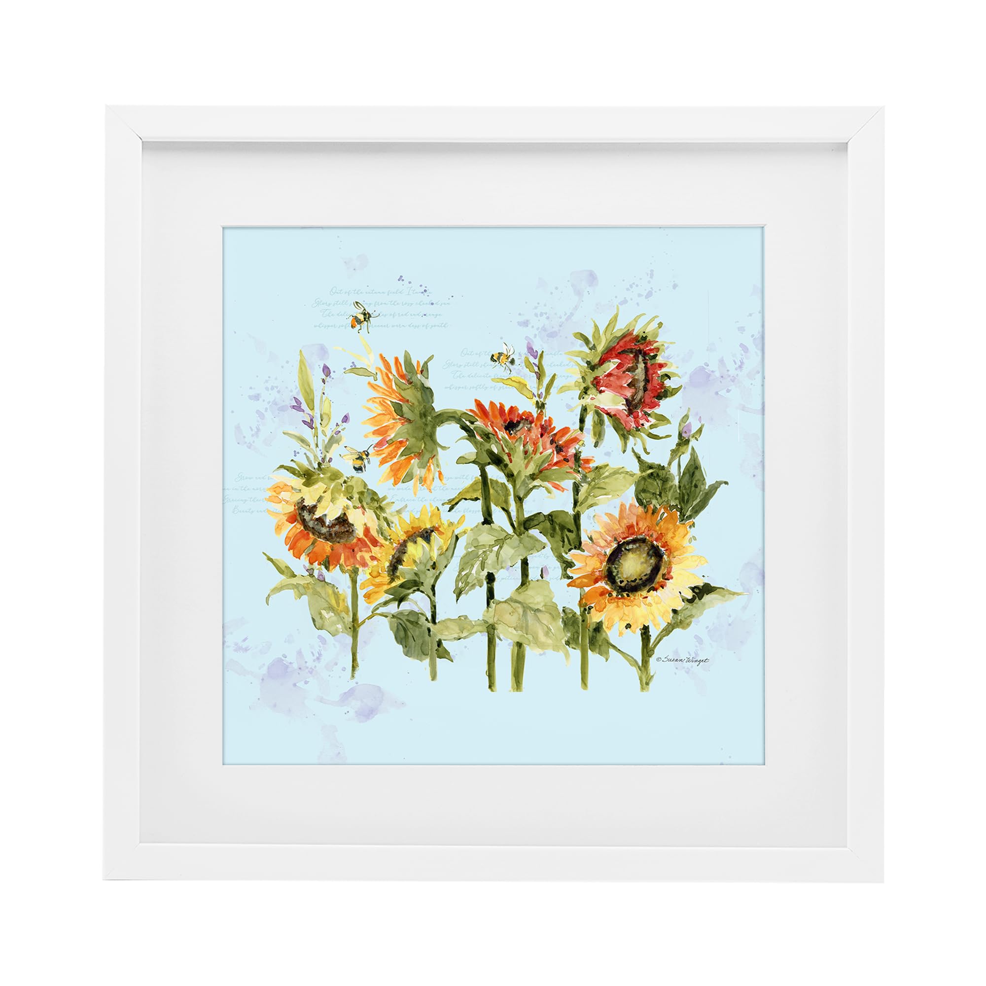 Stupell Industries Coastal White (Textured) 'Sunflowers & Bee On Blue'| Framed Print Under Glass