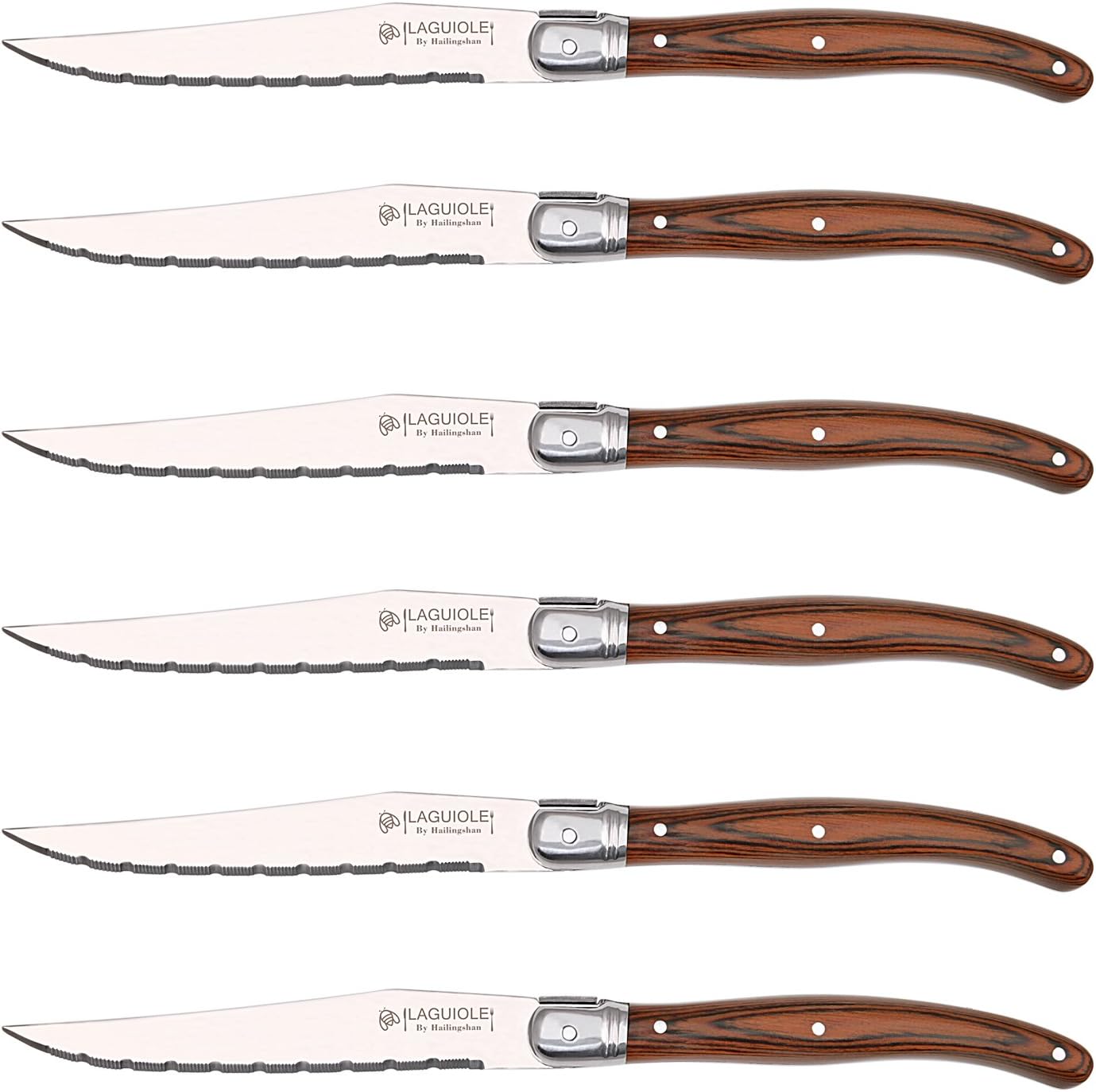Steak Knives Set of 6, Hailingshan Stainless Steel Serrated Dishwasher Safe Premium Laguiole Light Sharp Kitchen Cutlery Tableware Flatware [Gift Box] Dinner Table Steak Knife 6 Pieces 9”-Wood Handle