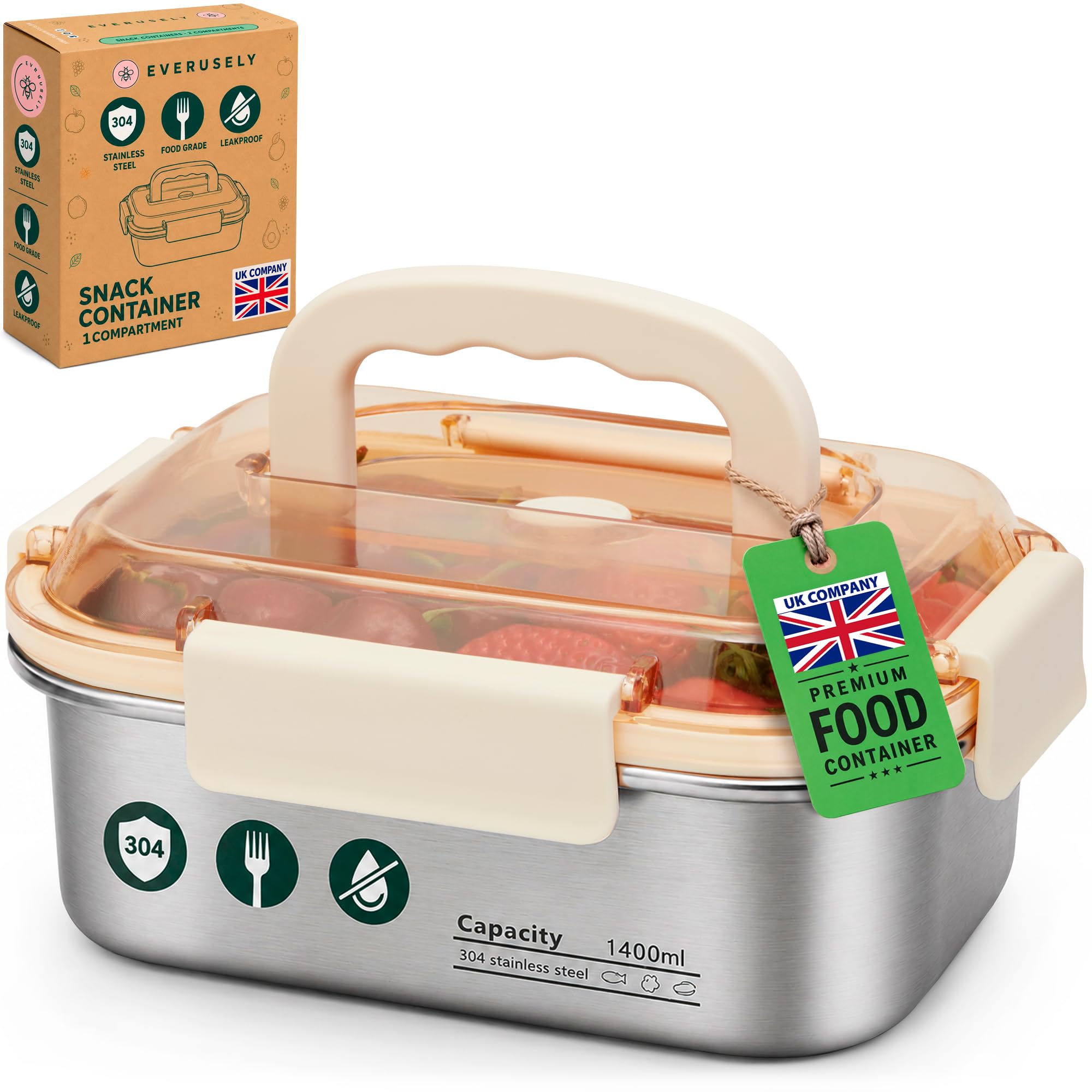 Everusely - Large Stainless Steel Food Storage Box with Snap Lid - 1.4 L - Airtight Lunch Container - Meal Prep, Vegetables, Travel Lunch, Marinating Meat - Microwave, Oven, Refrigerator Safe