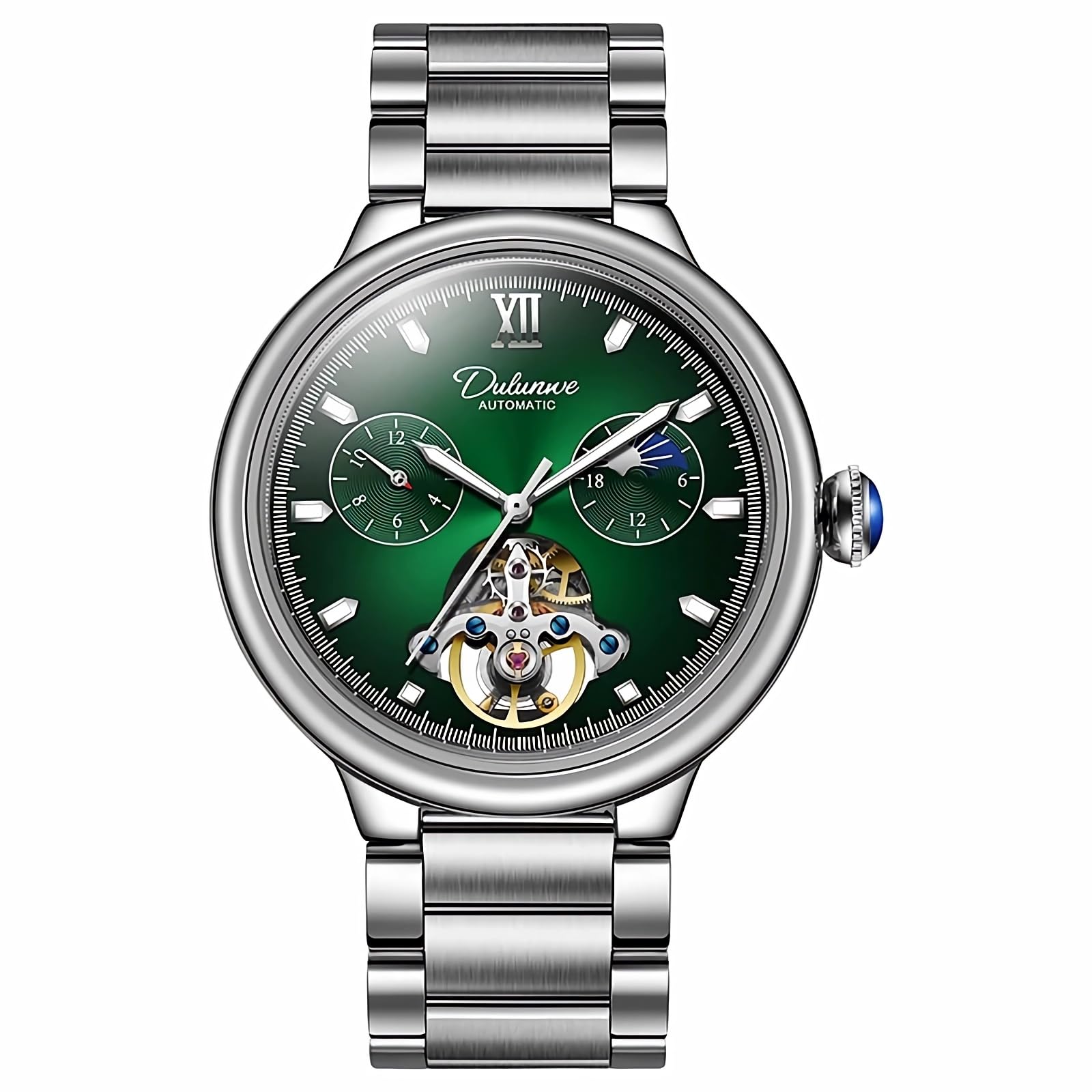 Herren-Armbanduhr, automatisch, mechanisch, hohles Skelett, Tourbillon, selbstaufziehend, Mondphasenuhr für Herren, großes Zifferblatt, Edelstahl, Saphirkrone, Herrenuhren, Silber-Grün,