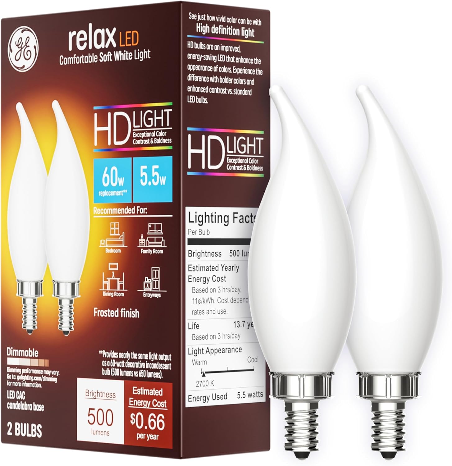 GE Relax LED Light Bulbs, Candle Lights, 60 Watts, Soft White Frosted Decorative CA11 Bulbs, Small Base (2 Pack)