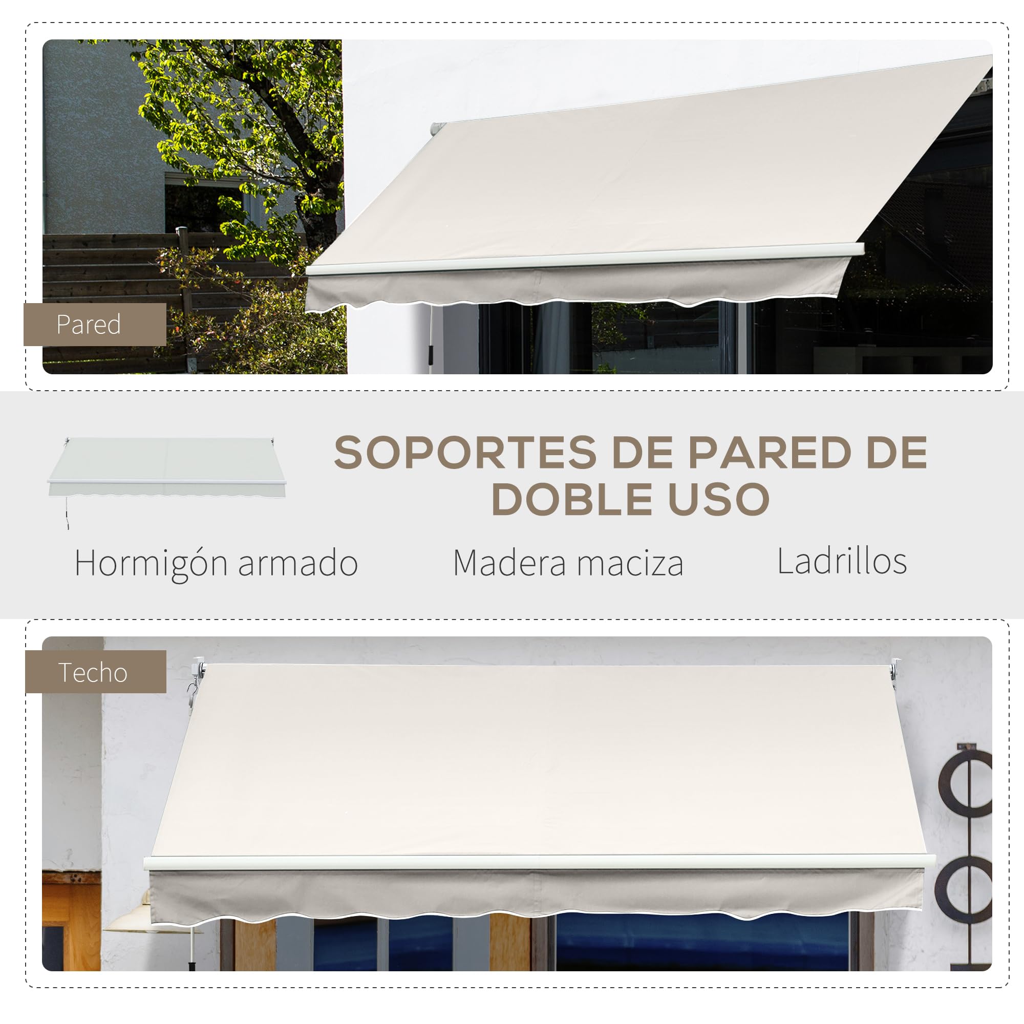 Outsunny Toldo Manual Retráctil 200x295 cm Toldo Enrollable de Exterior con Manivela de Metal y Impermeable Anti-UV para Jardín Terraza Ventanas Crema