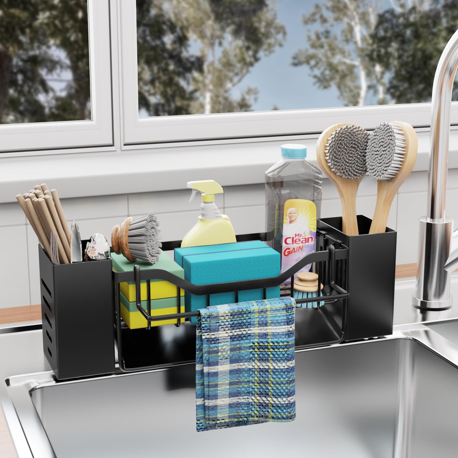 Koolkasa Spülbecken Organizer Küche Schwammhalter, Spüle Organizer mit Spültuchhalter und Aufbewahrungsbox, Metall Sink Organizer mit Automatisch Abflusspfanne, Kann hängend(Schwarz)