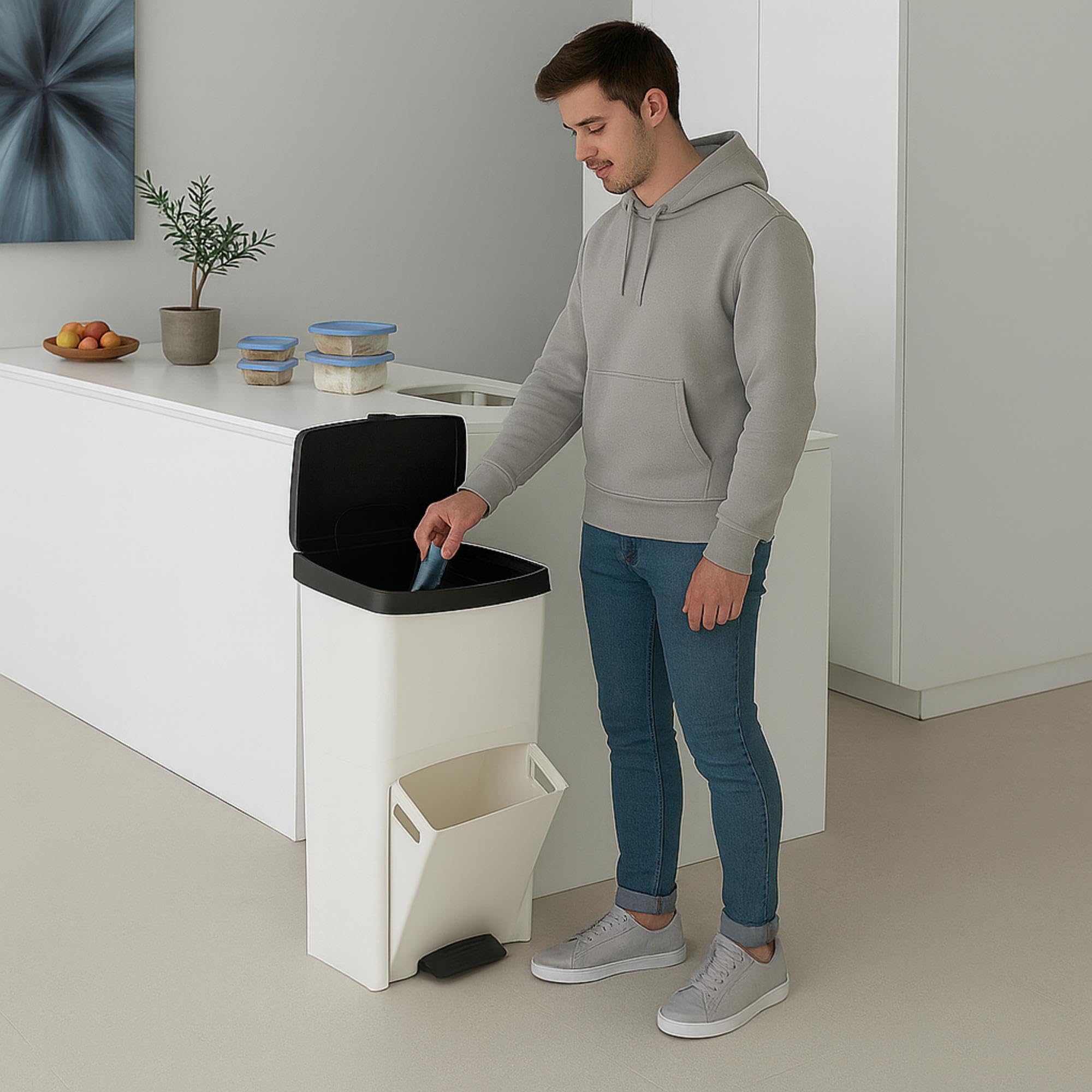 Pack di Pattumiera o Riciclaggio 70L, VERTICALE, 2 Scomparti, Pattumiera per Rifiuti, 76 cm, INCLUDE sacchetti per rifiuti adattati: rotolo 50L (10 sacchetti) + rotolo 30L (20 sacchetti) + rotolo 10L