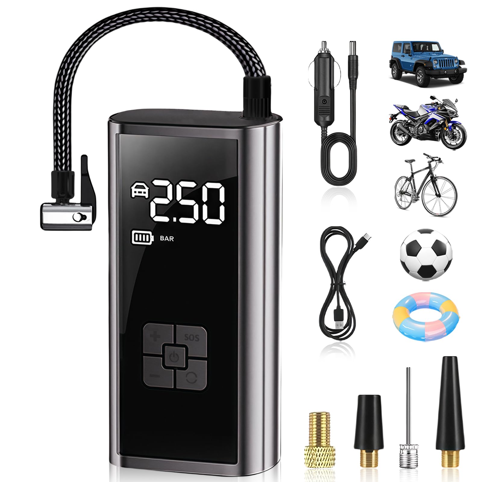 flintronic Compressore Aria Portatile Auto Senza Fili, Batteria Ricaricabile USB 12 V, Compressore ad Aria Portatile, Fino a 150 psi, Luce Led Integrata, 4 Adattatori per Ugelli, Adatta per Auto,Moto