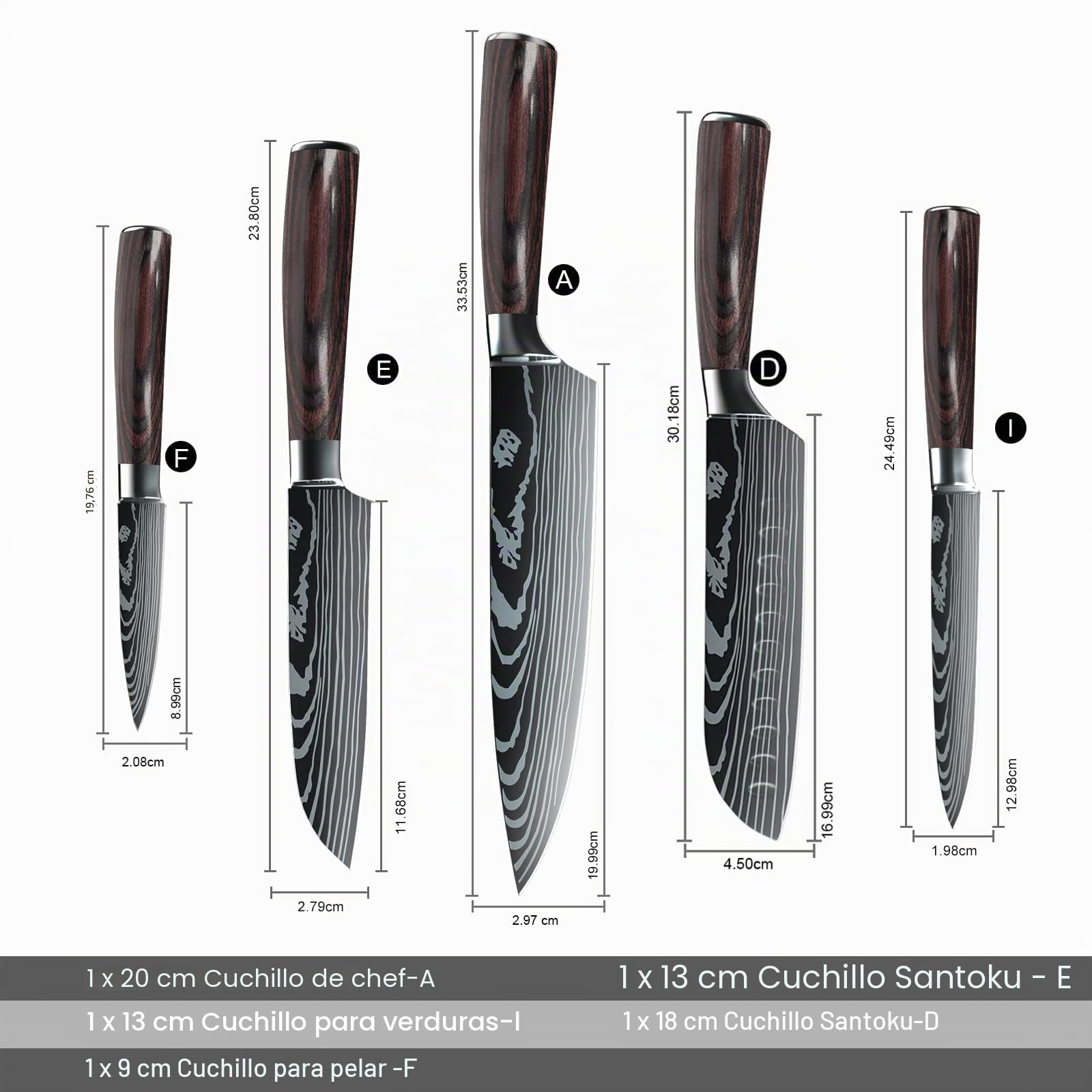 Juego de Cuchillos de Chef ZENG de 5 Piezas, Cuchillos de Cocina Alemanes Afilados Profesionales de AceroInoxidable con Mangos Ergonómicos de Madera de Pakka