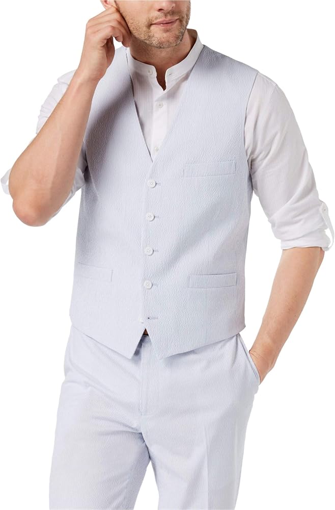 INC White Mens Small Slim Fit Seersucker Textured Stripe Vest Blue