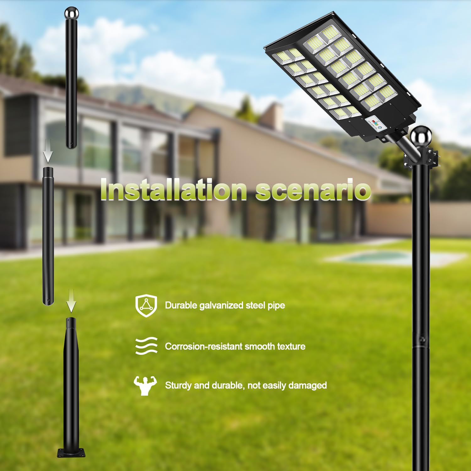 Słup oświetlenia ulicznego 3 m wysokości – zewnętrzna lampa solarna dzielona lampa uliczna słup świetlny z mocowanymi stalowymi kotwami na patio, ulicę, podwórko, parking
