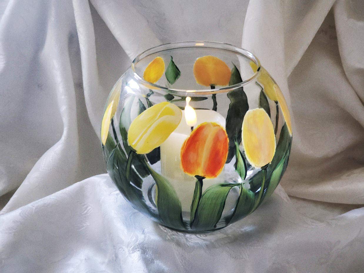 Hand Painted Fish Bowl Candle Holder With Yellow Tulips