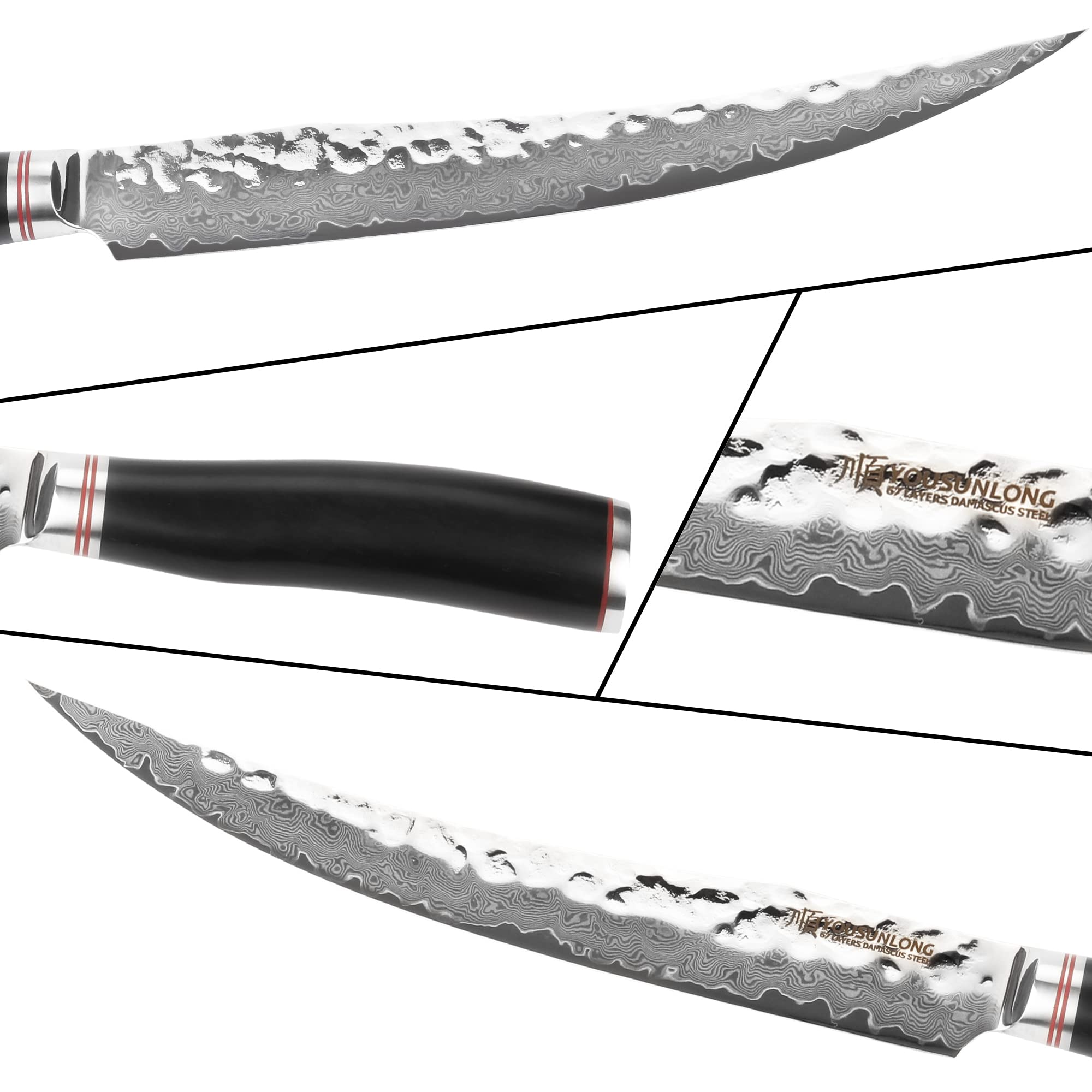 YOUSUNLONG Couteau à Trancher et à Découper 10" Trancheuse à jambon en acier martelé japonais Damas Lame de rasoir - Manche en ébène naturel avec fourreau en cuir