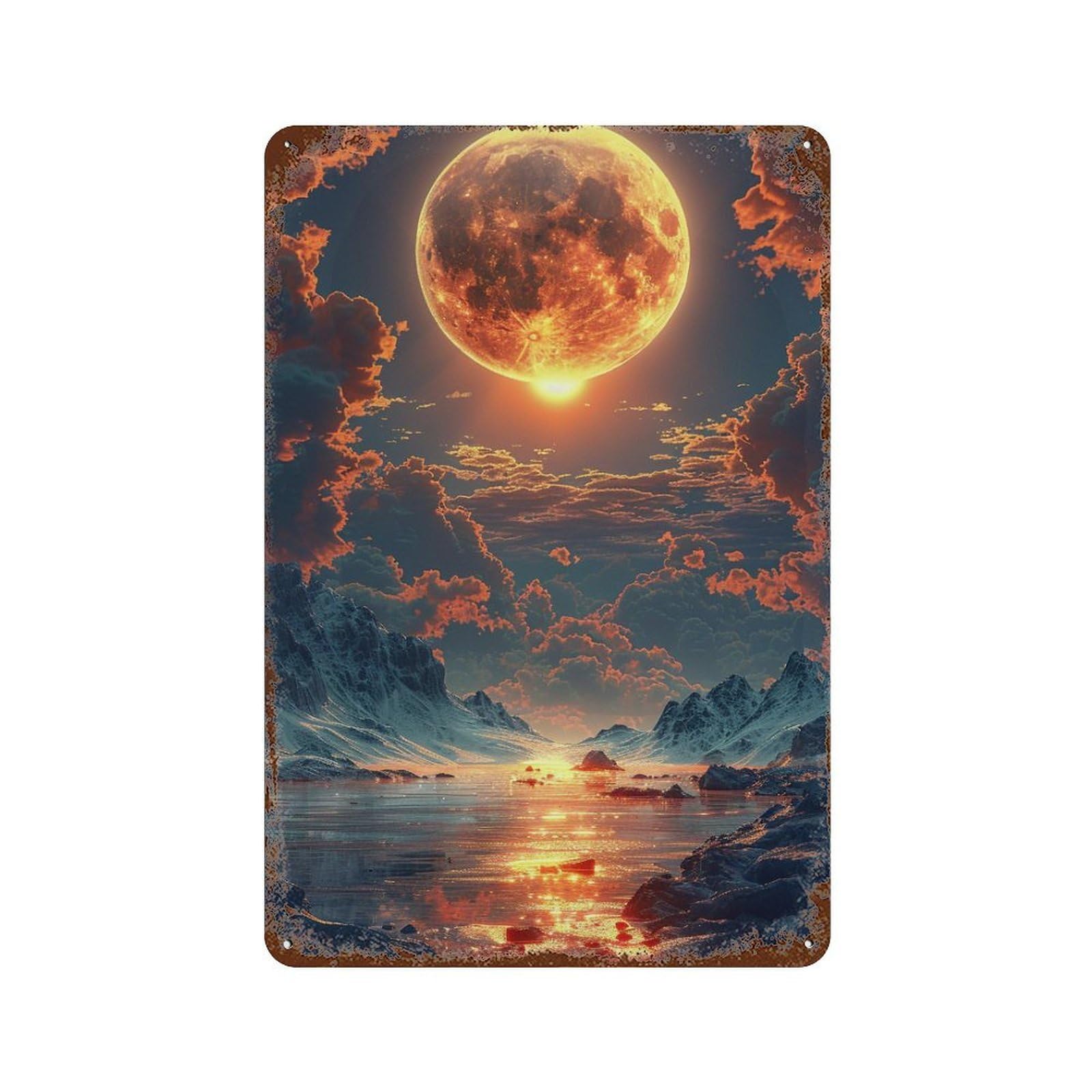 Garage Style Volcanic Moon Over Frozen Lake Decorative Tin Sign 11.8"x7.9", Novelty Wall Decor for Bar And Workshop