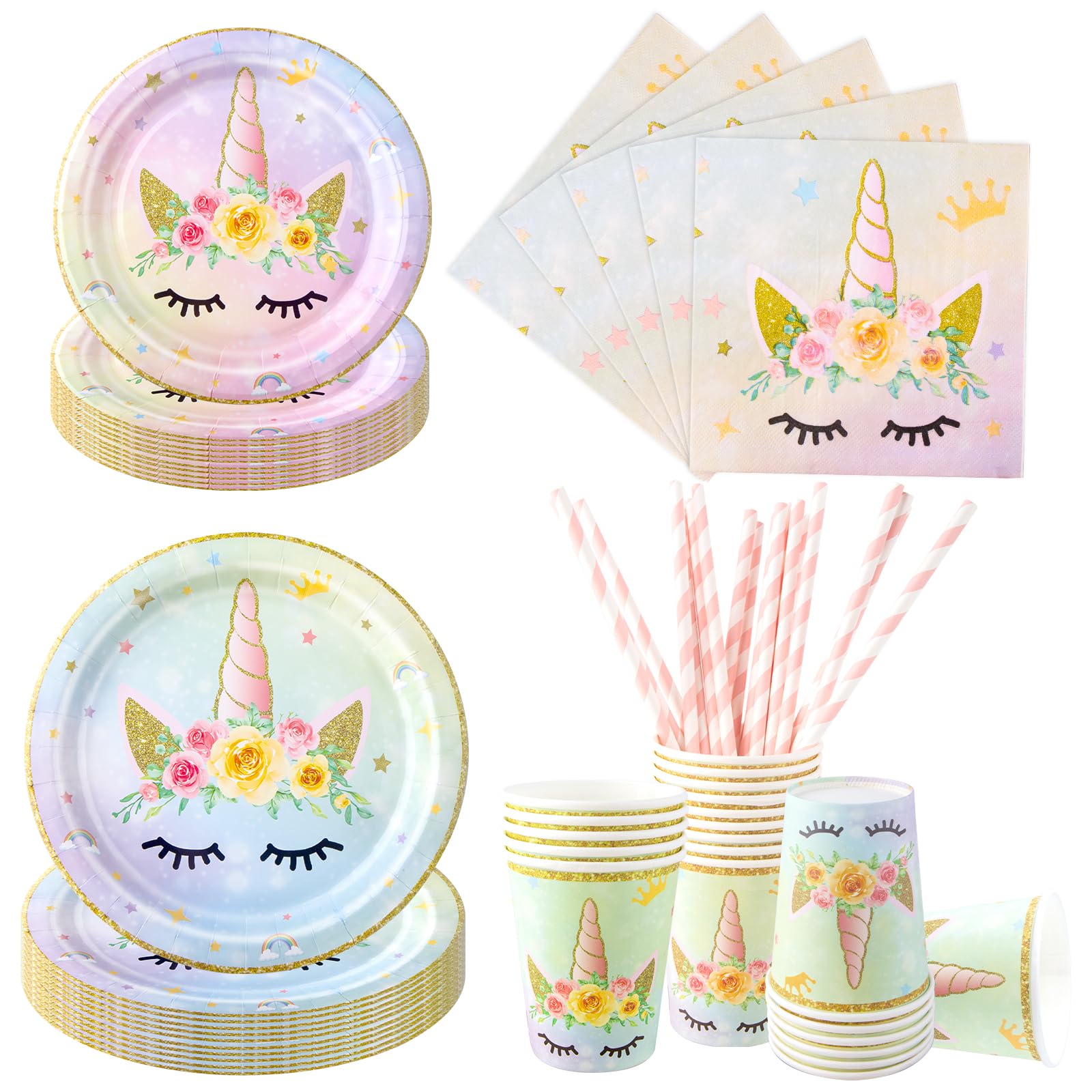 Aitsite 100 Stück Einhorn-Partyteller für 20 Gäste, Einhorn-Geburtstagsgeschirr, Kindergeburtstagsparty-Dekoration, Teller, Becher, Servietten (bunt)