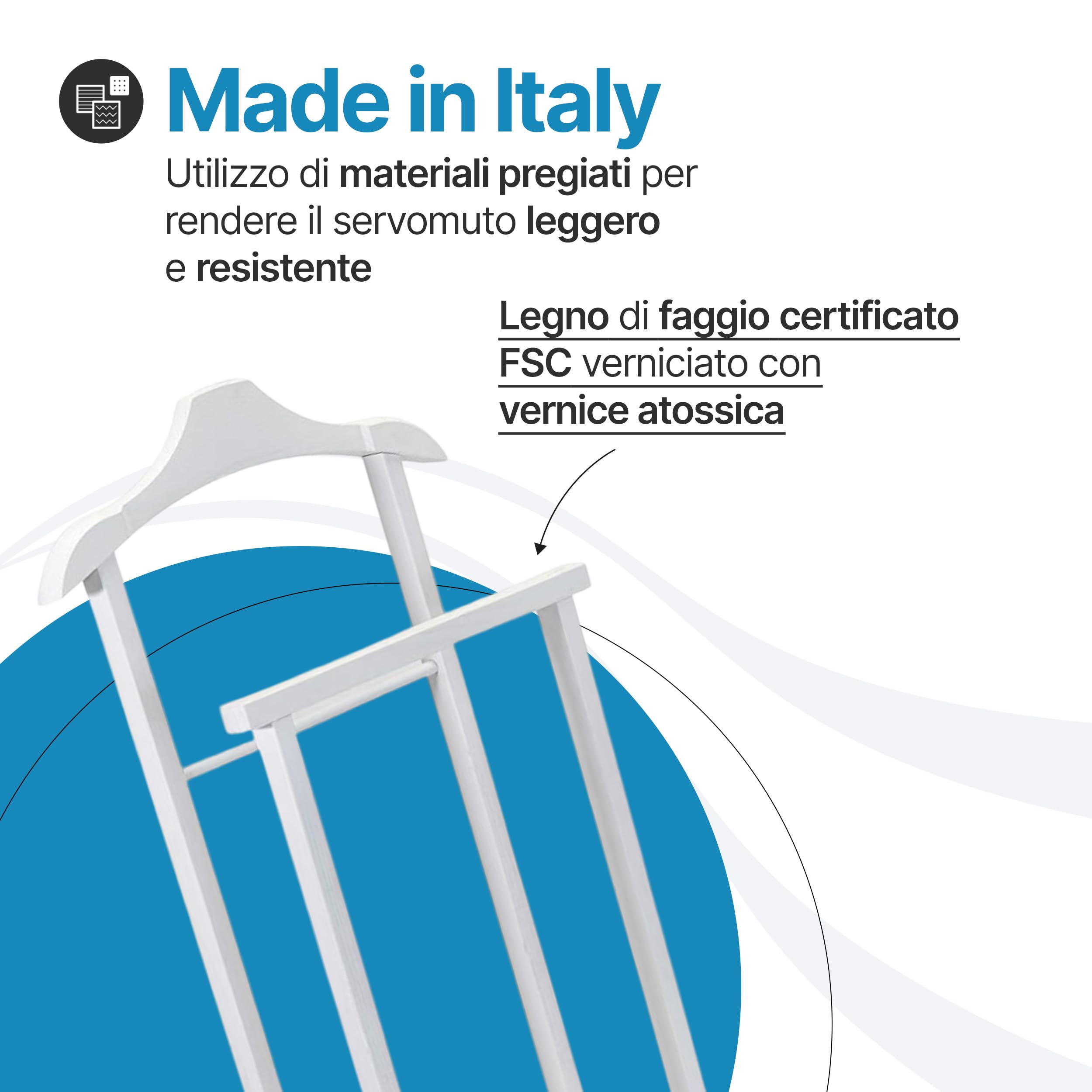 Tomaino - Servo Muto Da Camera AMBROGIO in Legno di Faggio - Appendiabiti Da Camera Multifunzionale Salvaspazio - Indossatore da Camera per Vestiti e Accessori - Bianco
