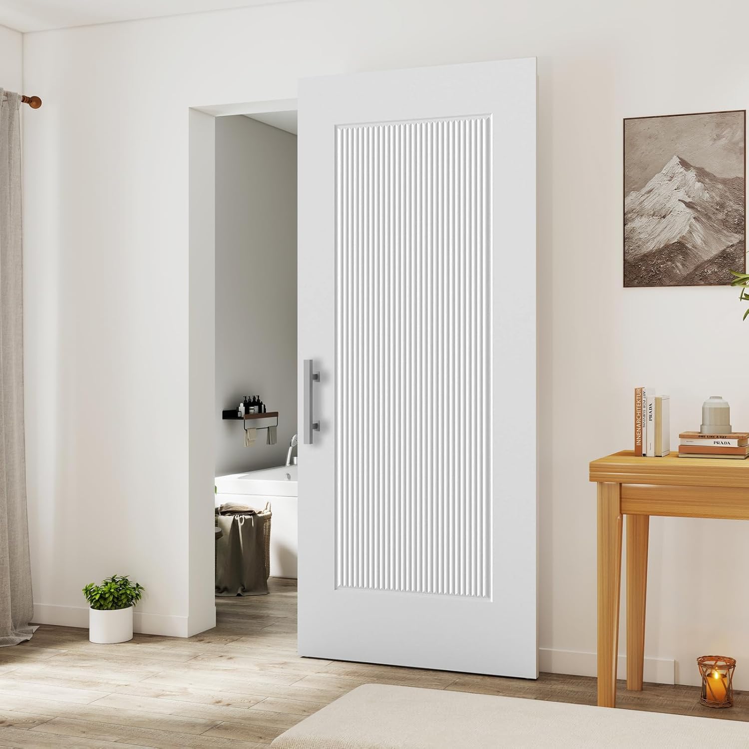 JUBEST 36"x84" Concealed Barn Door with Soft Close Hardware Kits, 1 Panel Reeded White Primed Solid Core Hidden Door for Opening 32"-34"x80", Brushed Stainless Steel Square Ladder Pull and Flush Pull