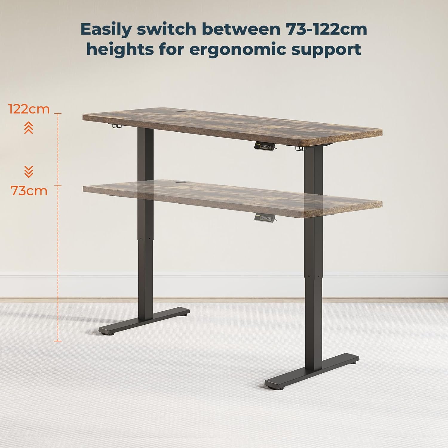 Diagram illustrating the height adjustment range of the FitStand FQ1 desk, from 73cm to 122cm, for ergonomic support.