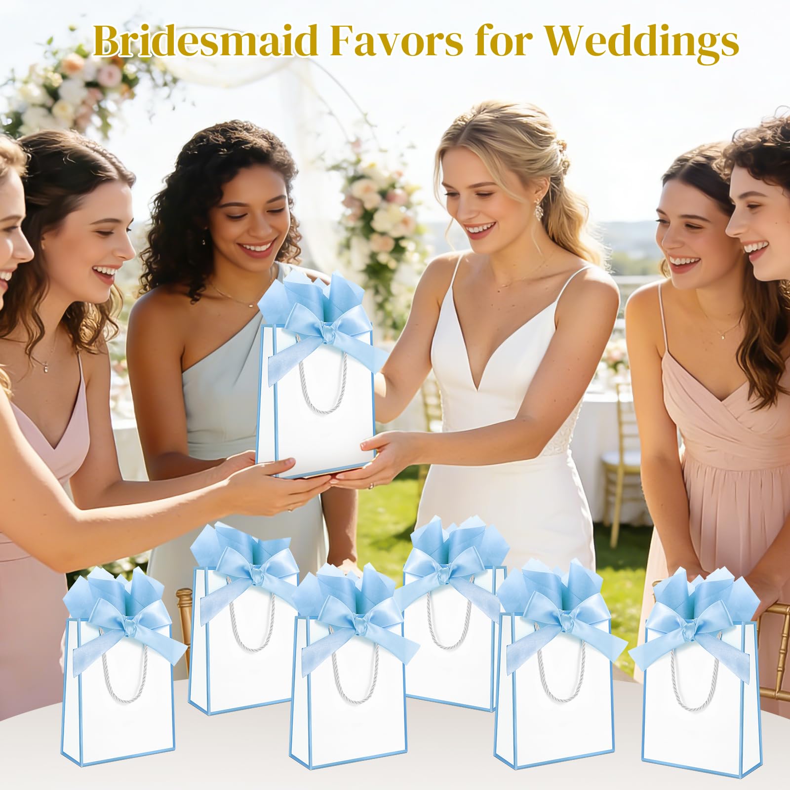 Ethhqu 12 Pack Small Gift Bags with Handles Include Tissue Papers & Cards, 9x7x3.15'' Thank You Gift Bags for Birthday, Baby Shower, Wedding, Bridesmaids, Anniversary, Mother’s Day (White and Blue)