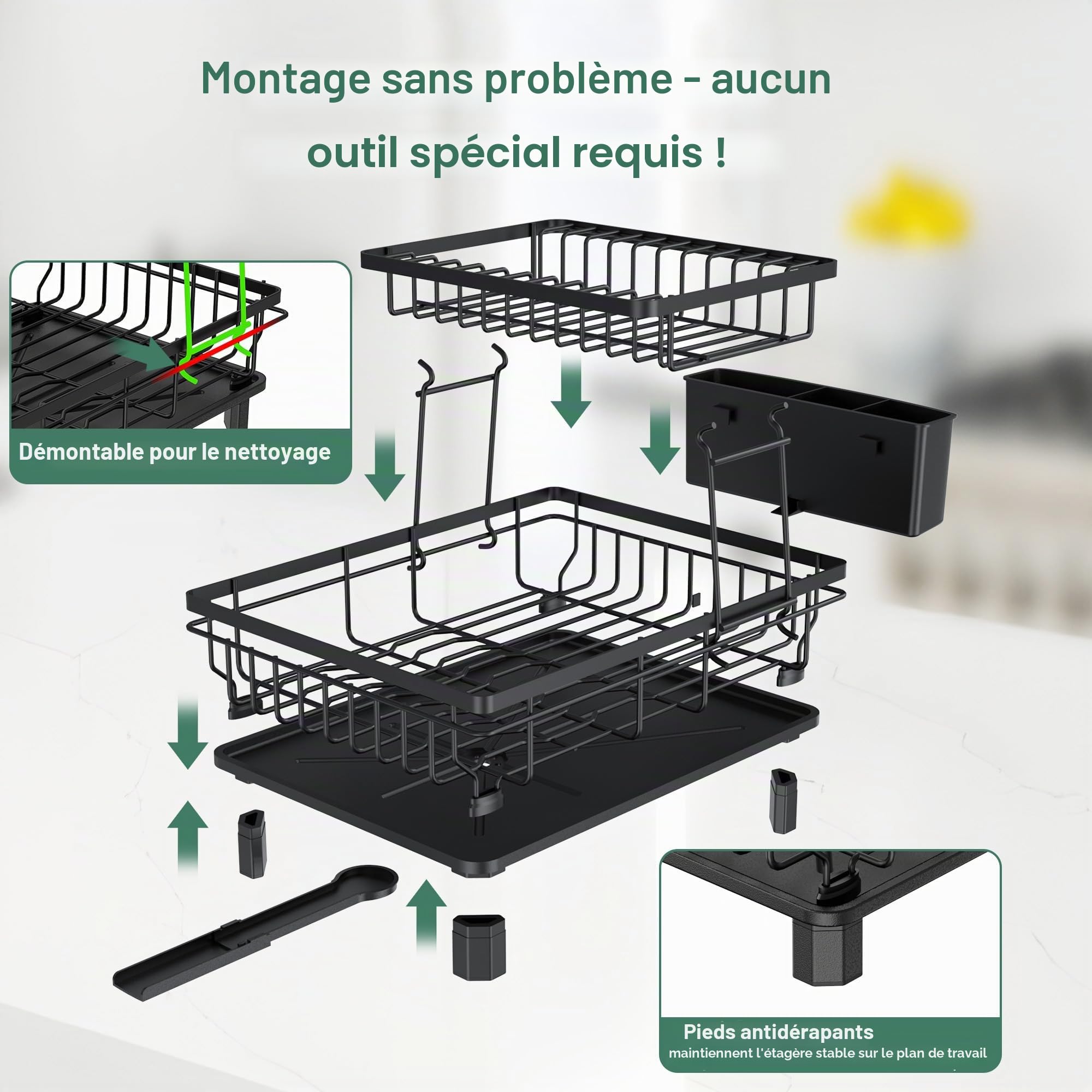 Rottogoon Grand égouttoir à Vaisselle à 2 Niveaux en Acier Inoxydable pour comptoir de Cuisine, égouttoir à Vaisselle Durable avec égouttoir, Porte-ustensiles pour Divers ustensiles de Cuisine, Noir