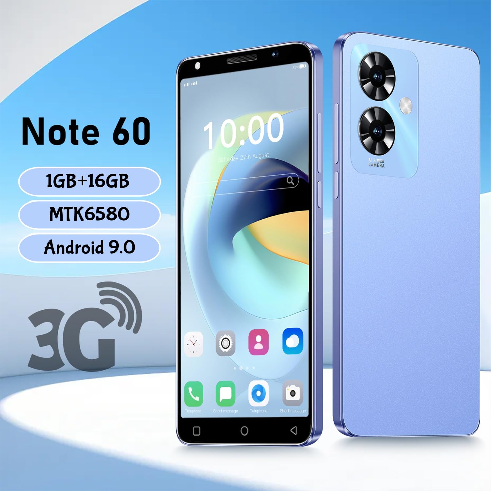 Note 60 Mobile Phones, 5.0'' HD Display, Dual SIM Dual Camera, 16GB ROM【Expandable up to 128GB】, Support WiFi/Bluetooth/GPS, Unlocked Android 3G Smartphone (Blue)