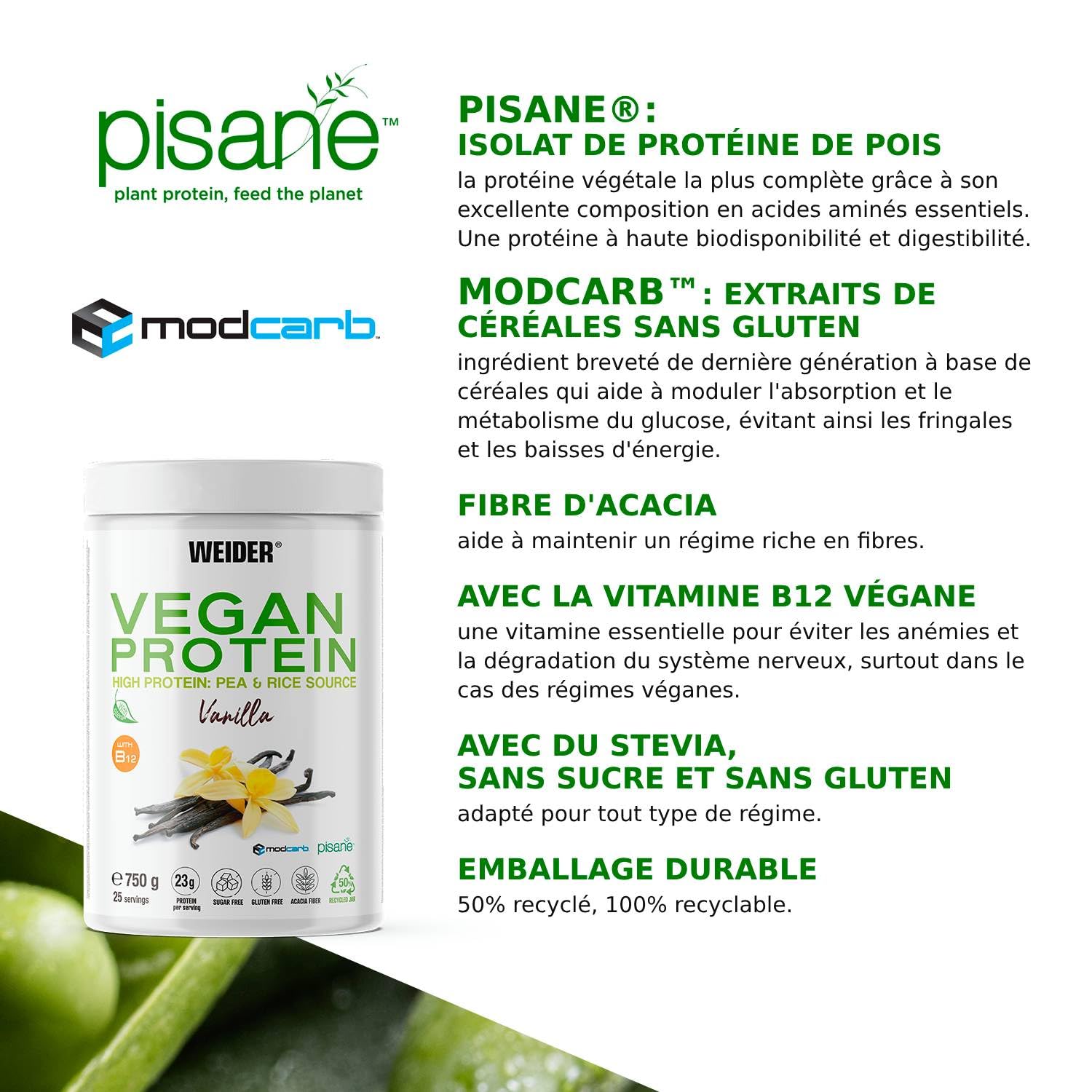 Weider Vegan Protein (750g) Goût Vanille. Protéines 100% Vegetal 23g/dose, Pois (Isolat Pisane) & Riz. Avec Vitamine B12 & Stevia. Sans Gluten, Sans Sucre. Emballage 50% Recyclé, 100% Recyclable