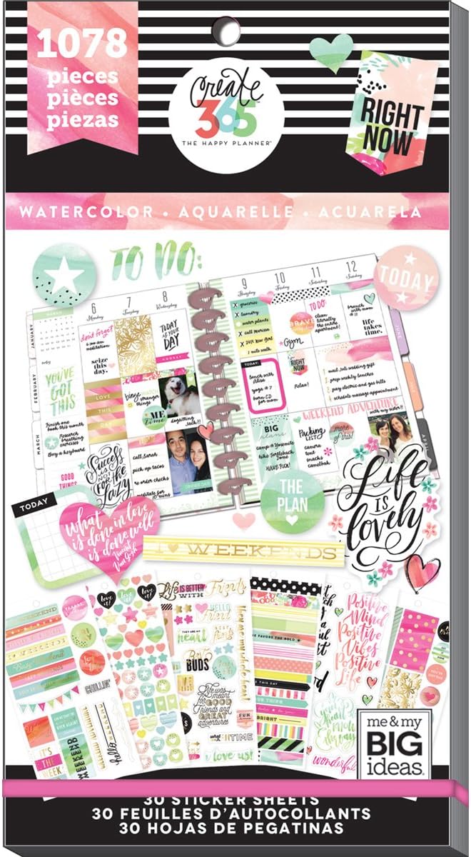 me & my BIG ideas Sticker Value Pack - The Happy Planner Scrapbooking Supplies - Watercolor Theme - Multi-Color & Gold Foil - Great for Projects, Scrapbooks & Albums - 30 Sheets, 1078 Stickers Total