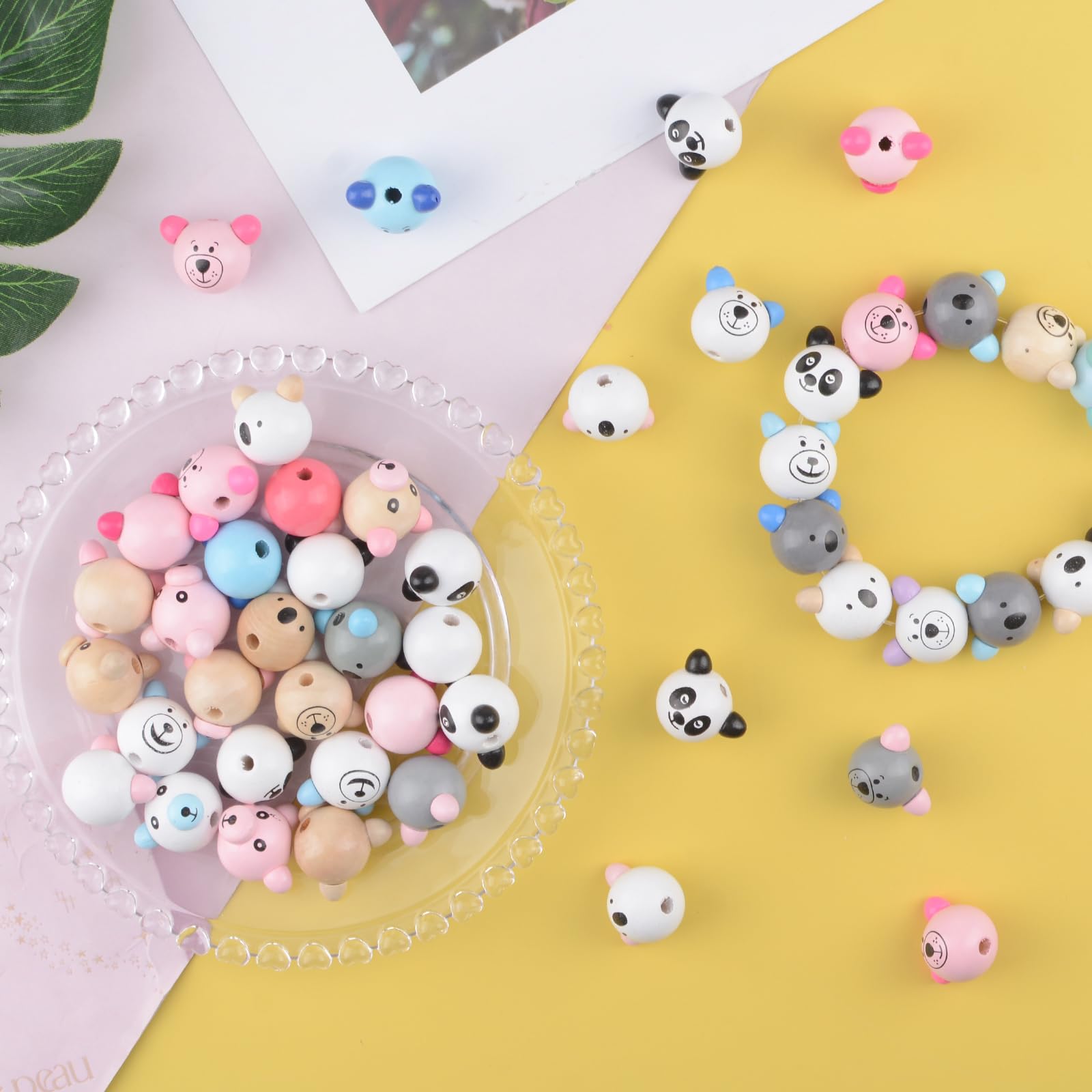 Bonito juego de cuentas de madera de animales, 50 cuentas de madera con cabeza de oso, patrón impreso, espaciador de madera natural, cuentas sueltas para manualidades, collares, pulseras,