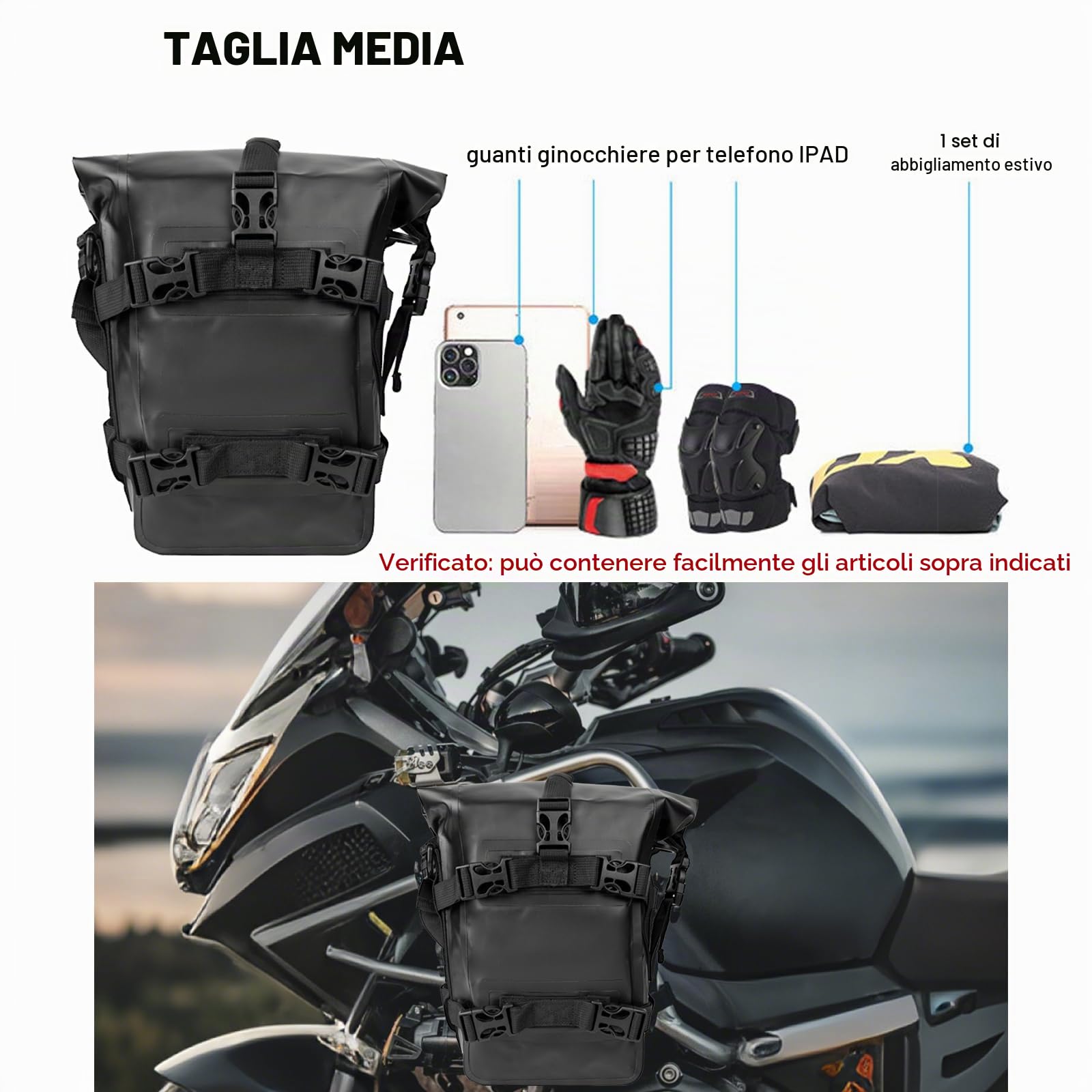 Borsa da Serbatoio per Moto Impermeabile 8L - Bagaglio da Viaggio Motociclette Guida Sportiva all'aperto Escursionismo Campeggio Equipaggiamento Durevole con Cinghie Regolabili Tracolla(Nero)