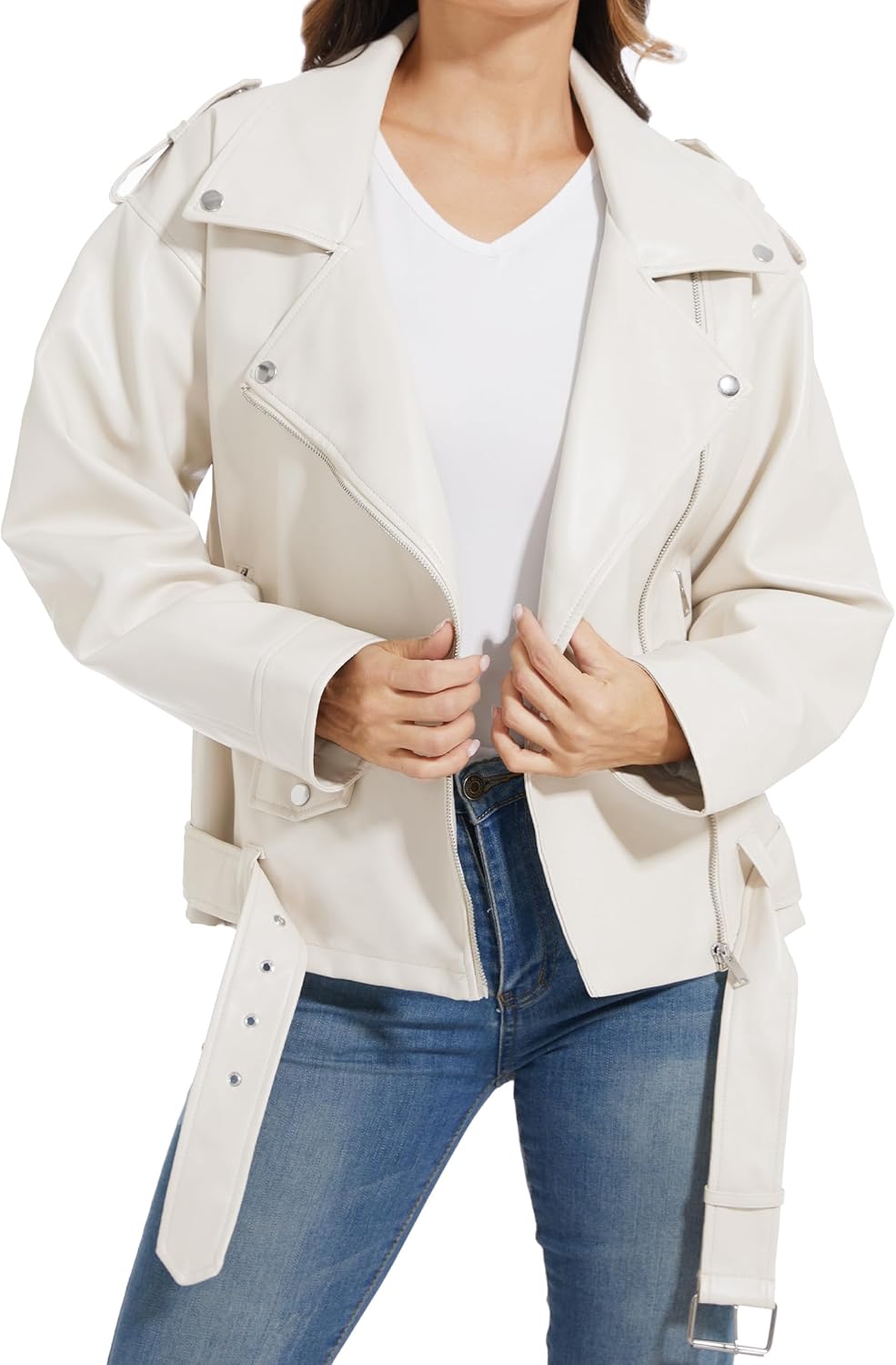 Fahsyee Faux Leather Jackets for Women, Black Motorcycle Moto Biker PU Outwear Coat