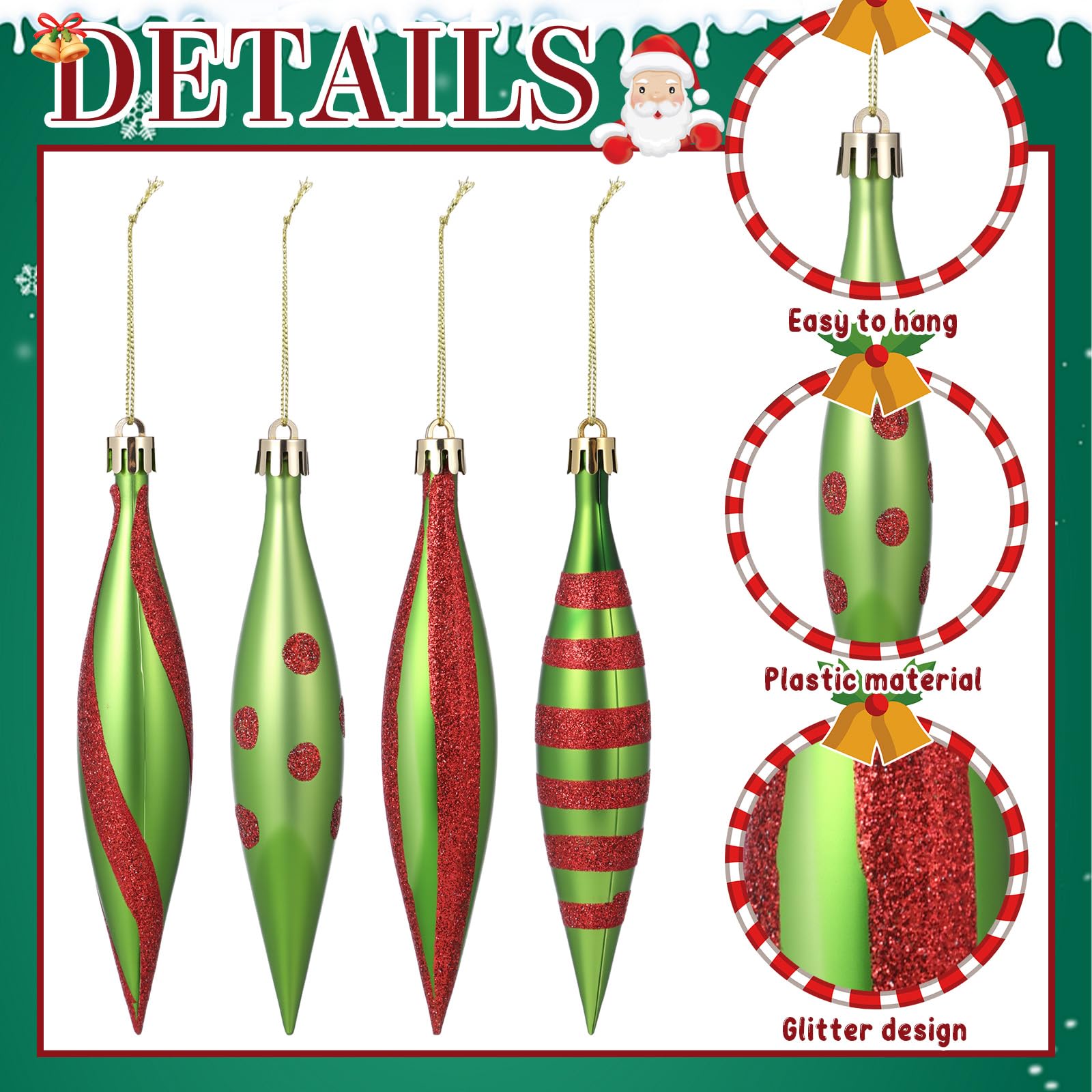 Sumind 24 Piezas Adornos de Gota Navideña Bolas para Árbol de Navidad, 16 x 3 cm, Colgantes de Plástico Brillantes de Menta para Decorar el Árbol de Navidad(Lindo,Rojo, Verde, Brillante)